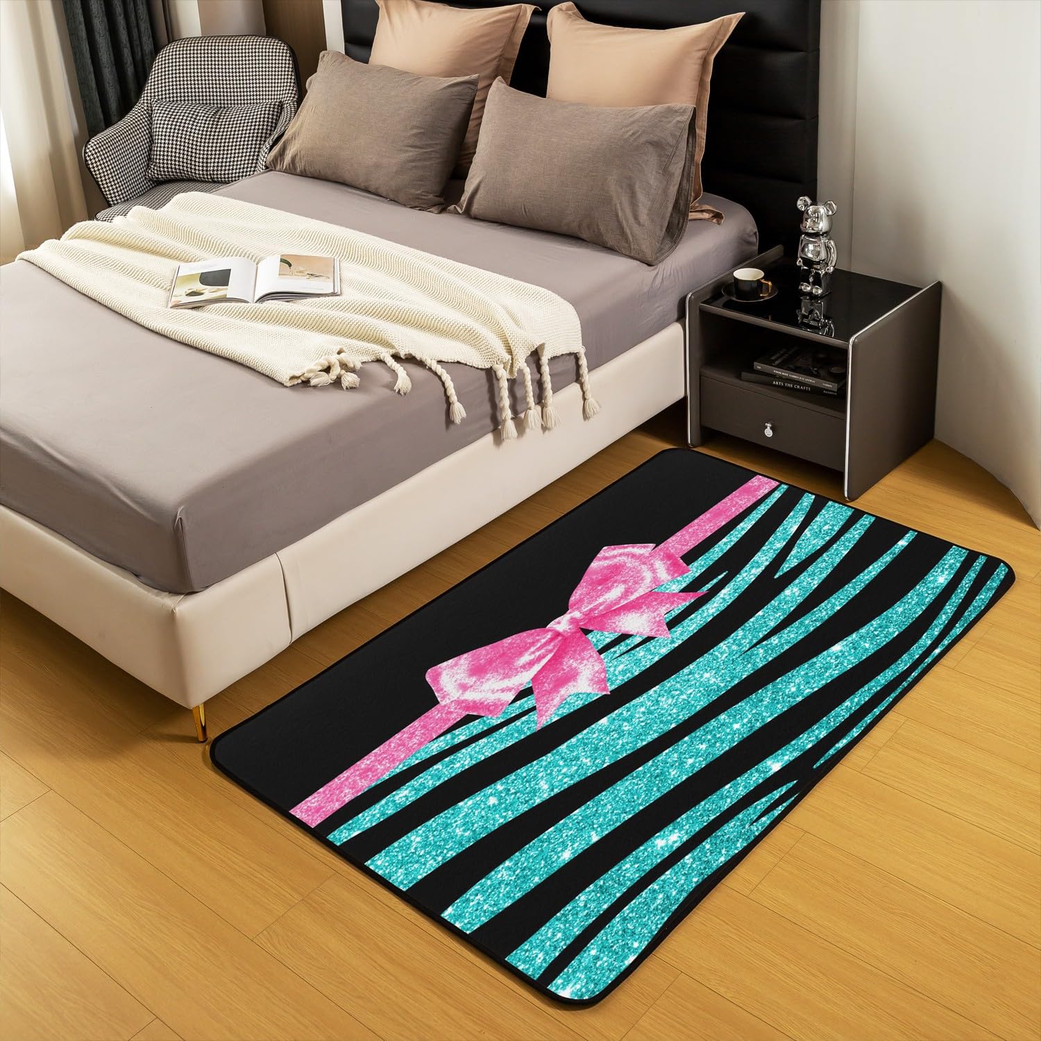 Dywaniki do salonu, niebieski, brokatowy nadruk, 100 x 150 cm, różowa kokardka, dekoracja do salonu, w paski, dekoracyjny dywan, dla chłopców, dziewcząt, dzieci, dorosłych (bez brokatu)