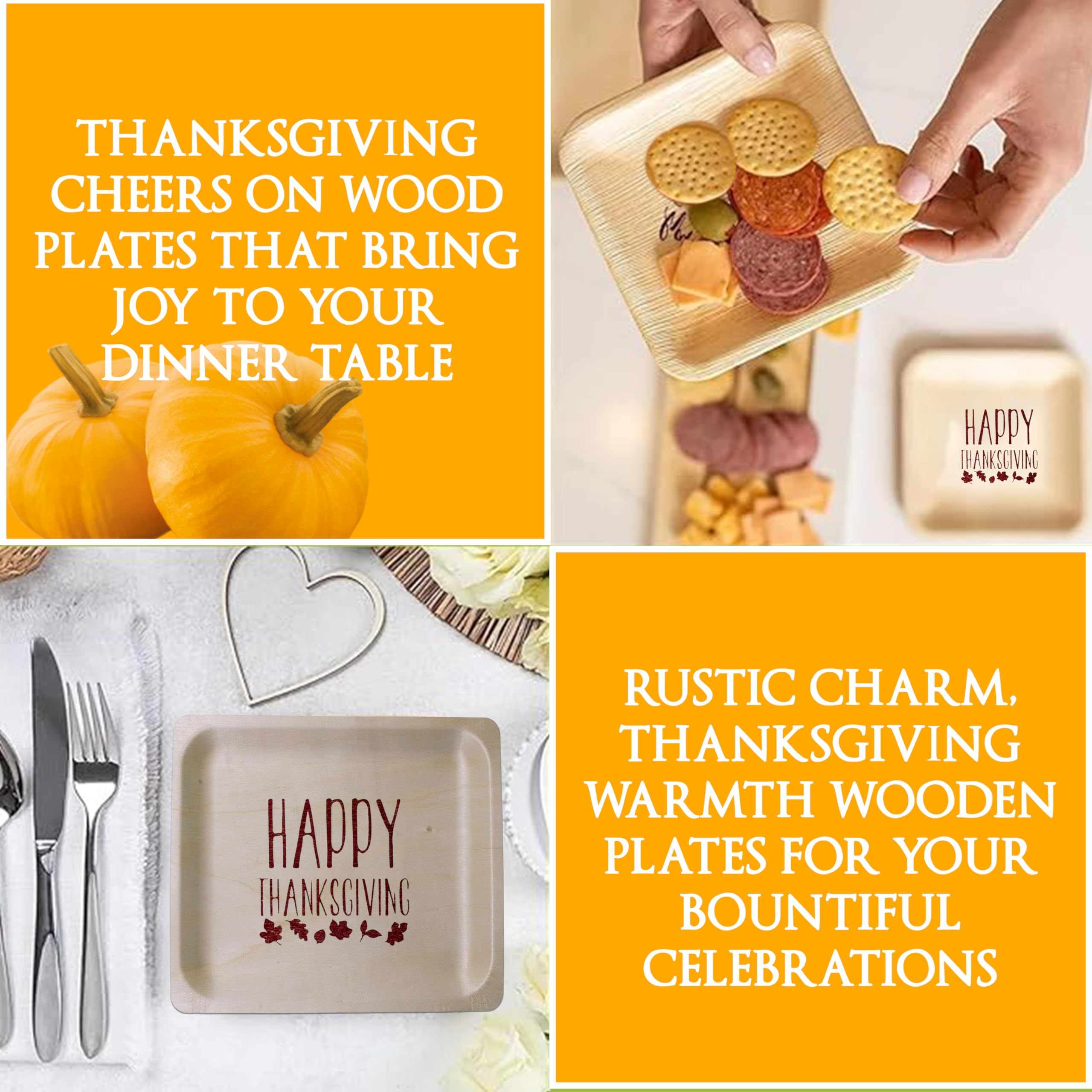 Perfect Stix Plato de madera desechable de 25,4 cm con impresión de Happy Thanksgiving – Paquete de 25 unidades