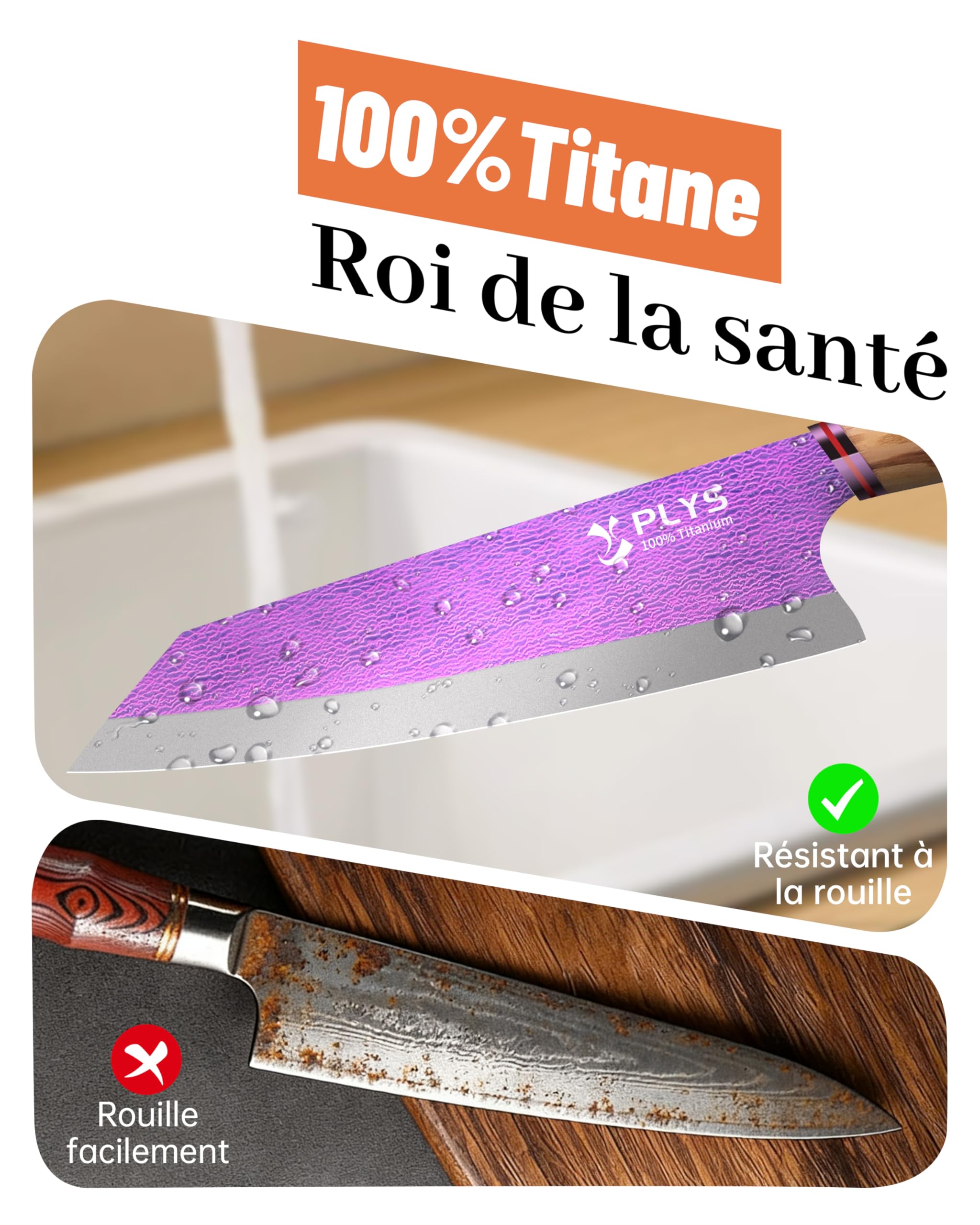 Plys Titane Couteau Chef Japonais Kiritsuke: Lame de 20,5 Cm, Tranchant Professionnel, Manche Ergonomique en Bois, MatéRiau en Titane Ultra-LéGer (Violet Aurore)