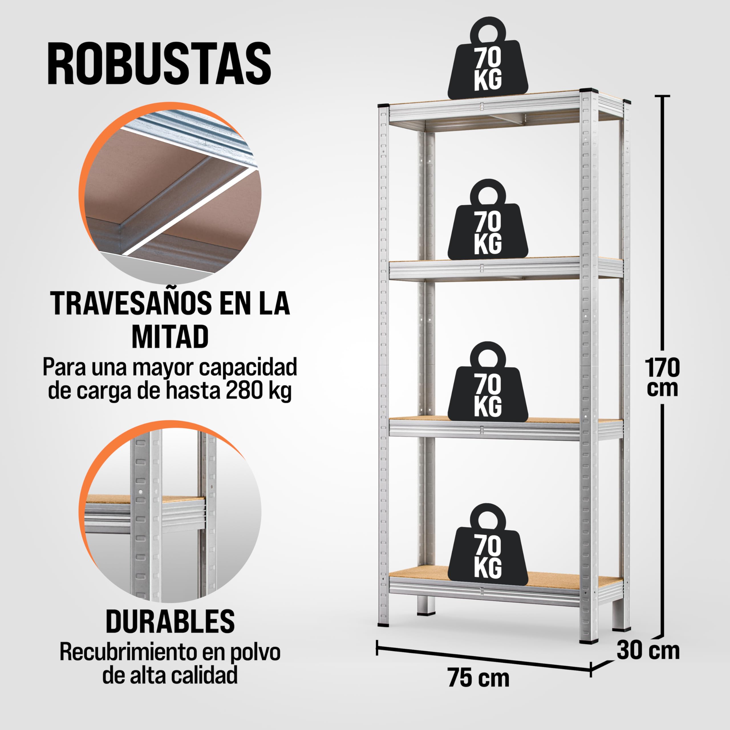 Monzana® Estanterías Almacenaje, Metálicas, 2 Unid., 170x75x30cm, 560kg, 4 Baldas, Cargas Pesadas, Trastero Organizador Taller Despensa