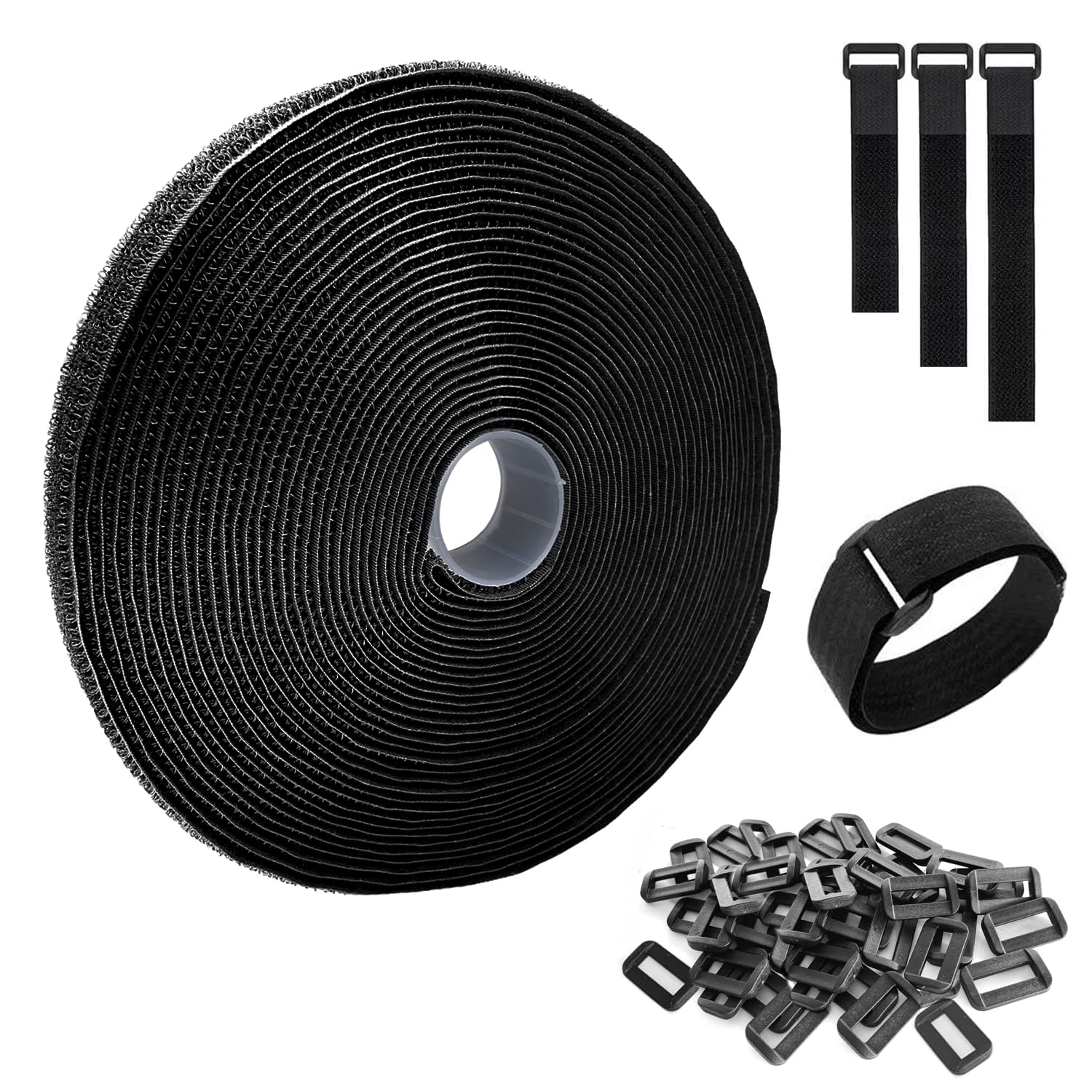 Klettband 10m x 2cm Klettband mit 50 Schnalle Klettverschluss Verstellbar Kabelbinder, Zuschneidbar und Wiederverwendbar für Kabel Seile Schläuche Extra Stark Klettkabelbinder (Schwarz, 10m x 2cm)