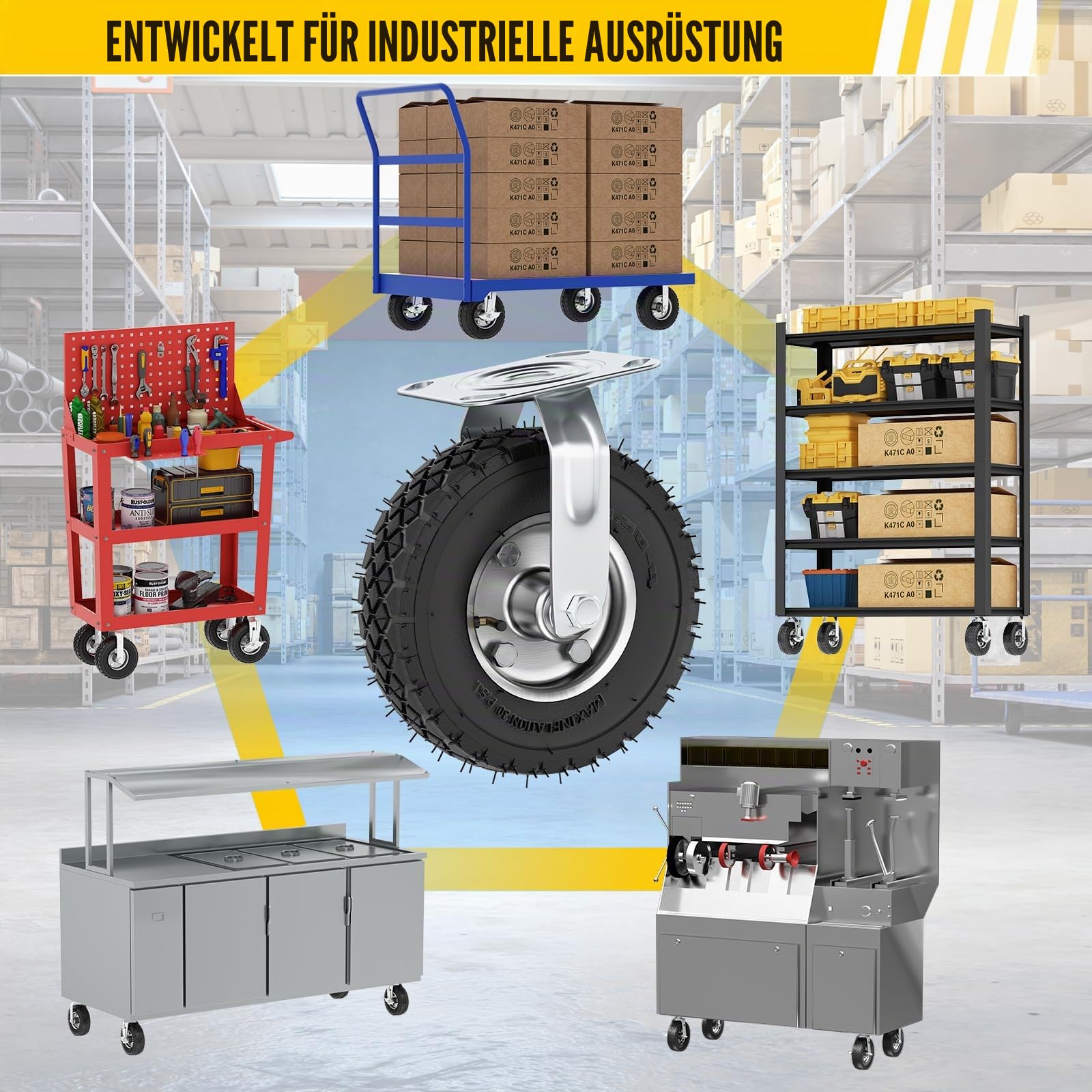4 Stück 200mm Schwerlastrollen, Gesamt-Tragkraft 400kg, 360° drehbare leise Gummirollen mit Bremse, für Möbel, Transportwagen, Werkbank & Industriegeräte (2 Lenkrollen + 2 Bremsrollen)