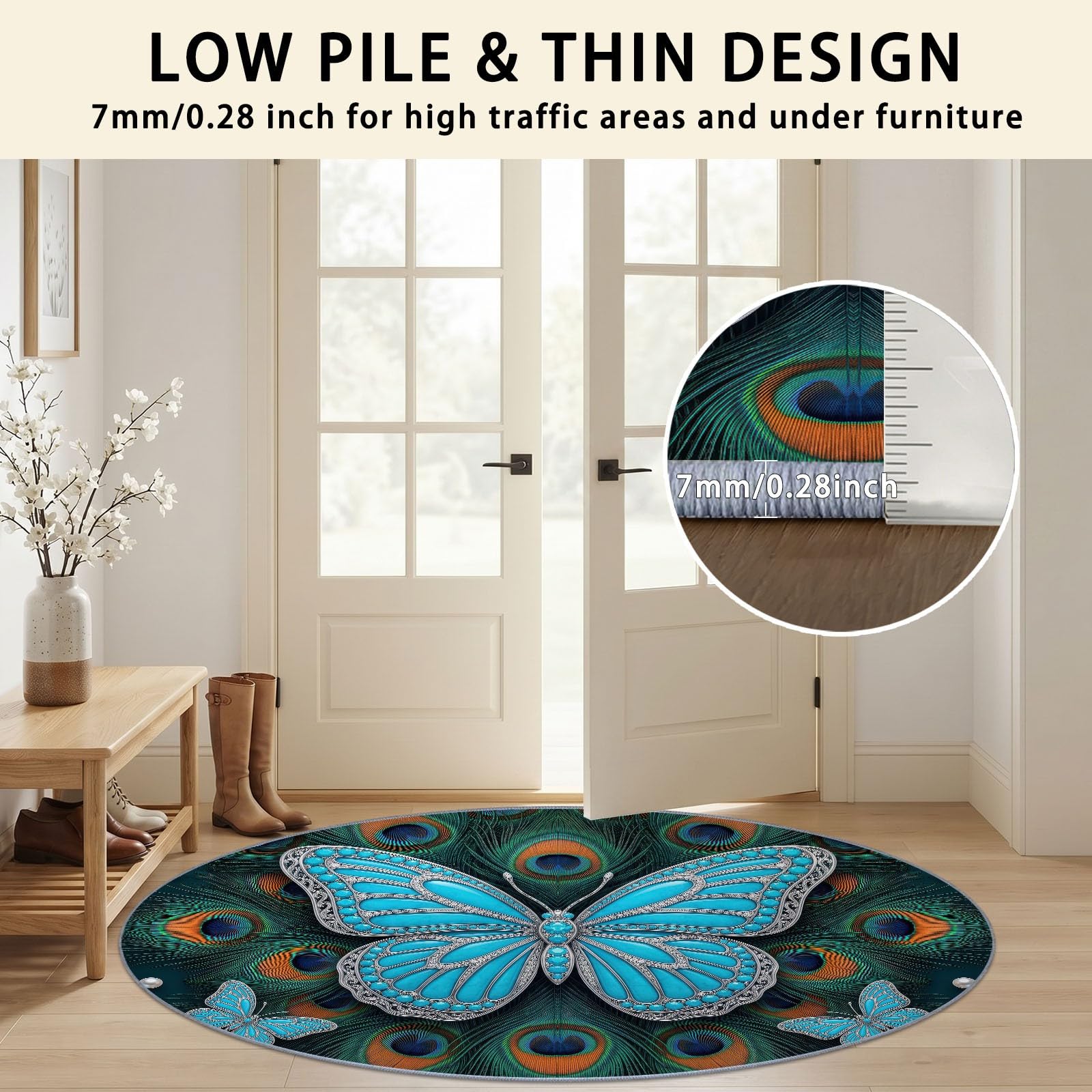 Générique Tapis Chambre Enfant Bébé Fille Garçon Rond 200 cm Insecte Magnifique Papillon & Plumes De Paon - Grand Doux Rampant pour Petite Chambre d'enfant Salon, Bleu