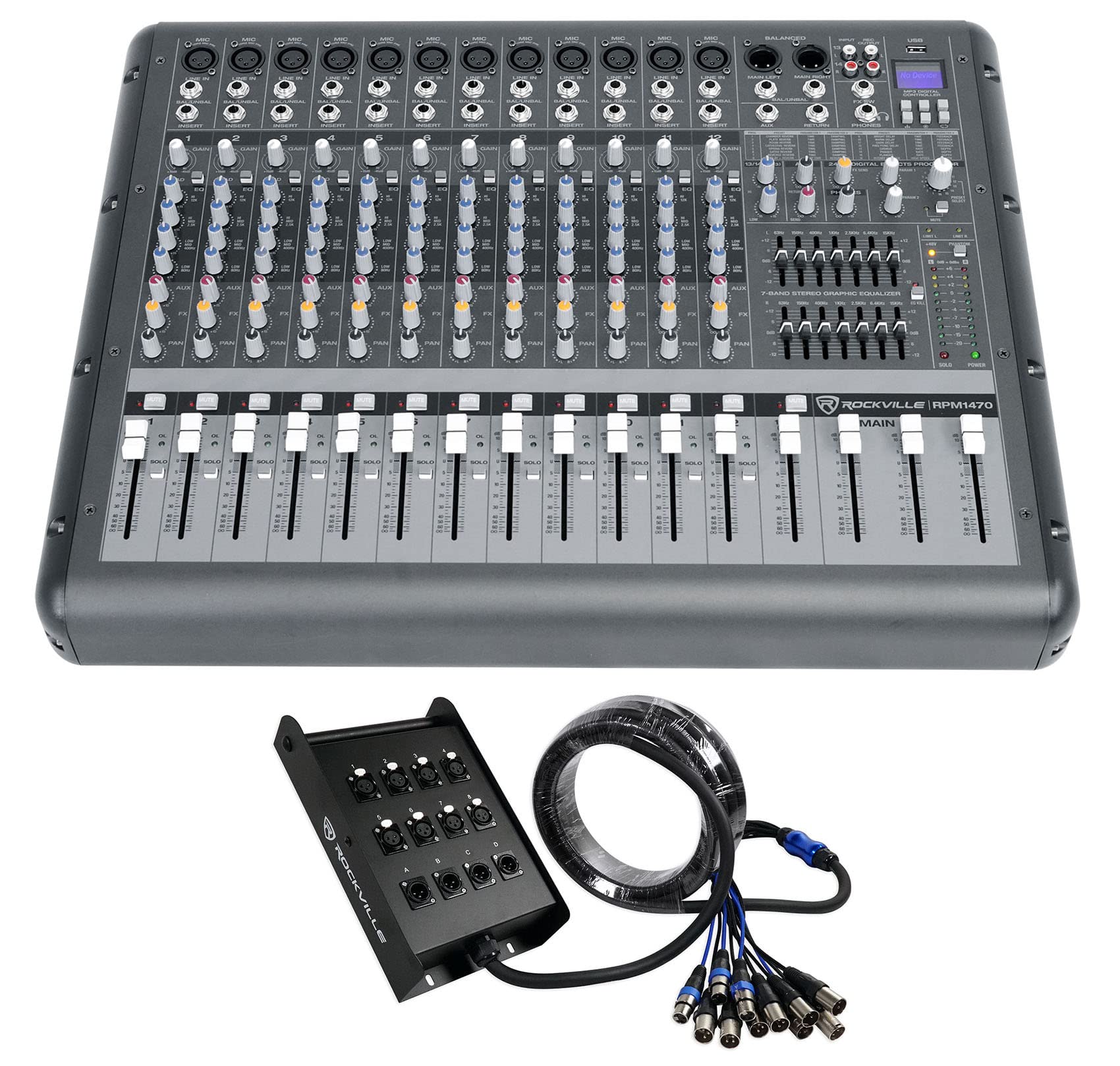 Rockville Bundle: Rockville RPM1470 14 Channel 6000w Powered Mixer w/USB, Effects/14 XDR2 Mic Pres Bundle with Rockville SX1225 12 Channel 25 Foot XLR Snake Cable (2 Items)