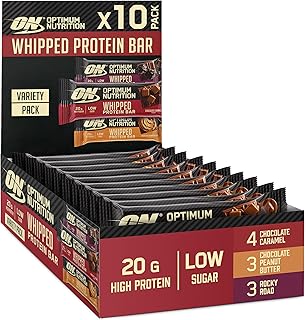 Optimum Nutrition Whipped Protein Bars, Healthy Low Calorie Snacks, Low Carb Low Sugar, Workout Snack for Men and Women, Variety Pack, 10 x 65g