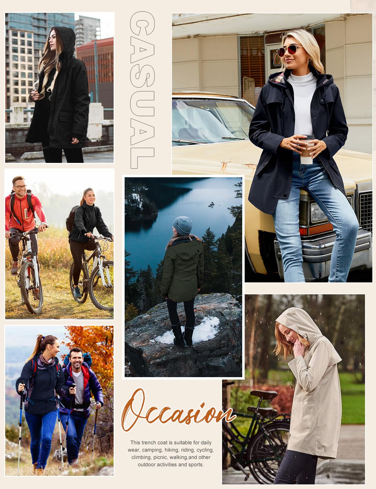 Giacca Impermeabile Donna Giacca Trench Pioggia con Cappuccio Parka Lungo Giacca a Vento Traspirante Leggero Antipioggia Antivento All'aperto