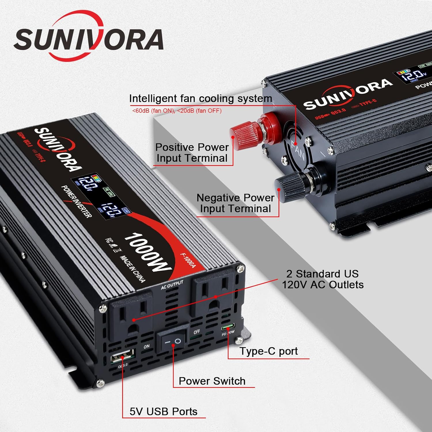 1000 Watt Car Power Inverter 12V DC to 110V/120V AC Converter 2000W Peak with LCD Display, 2 AC Outlets & PD Type-C & USB 3.0, Car Plug in Adapter Outlet Supplies Power to Appliances on Car Boat
