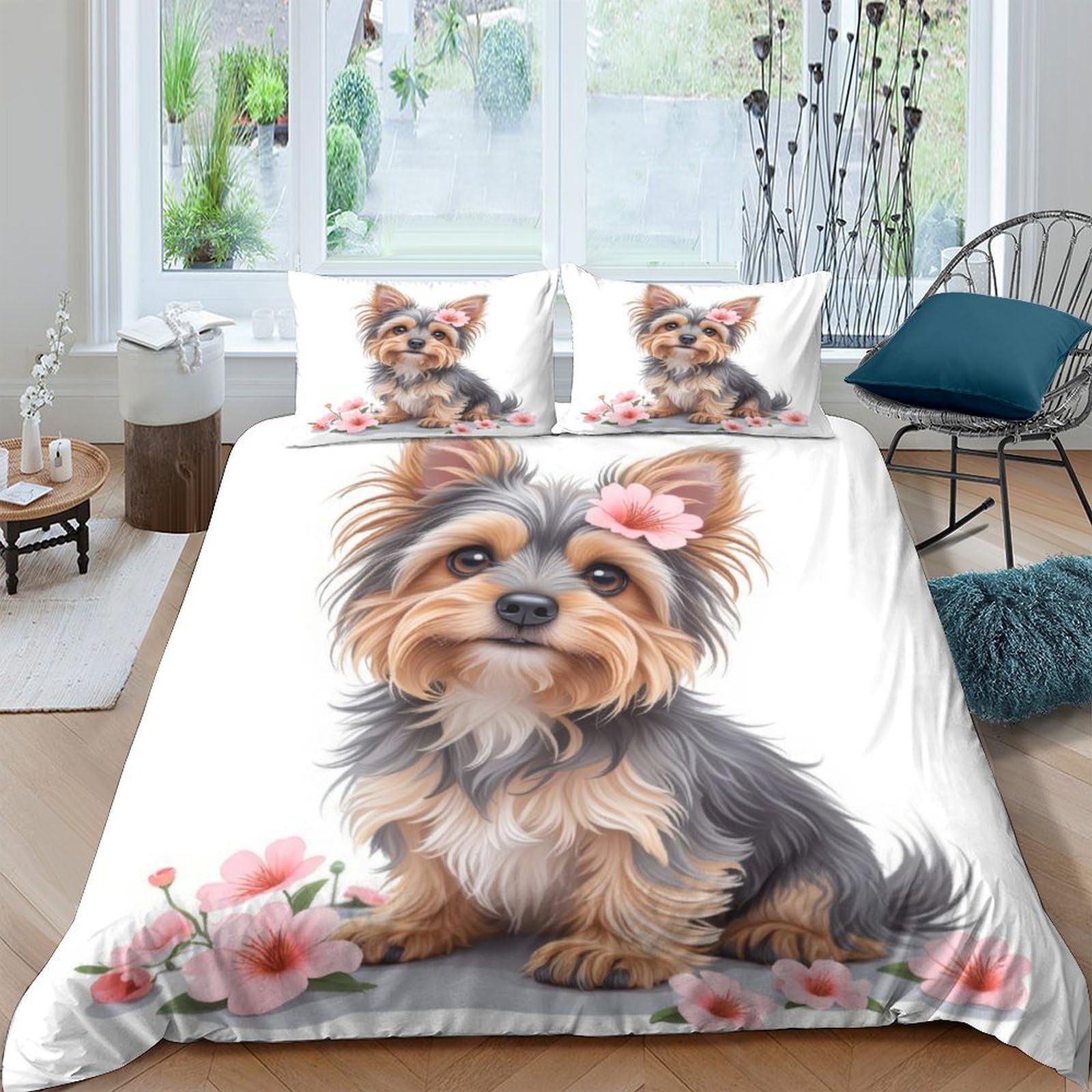 Ctjqhvkz Style-7 3D Printed Yorkshire Puppy Fitted Sheet Microfiber Soft Floral Dog Bed Cover For Bedroom Dorm Mattress Decor Single（135X200cm）