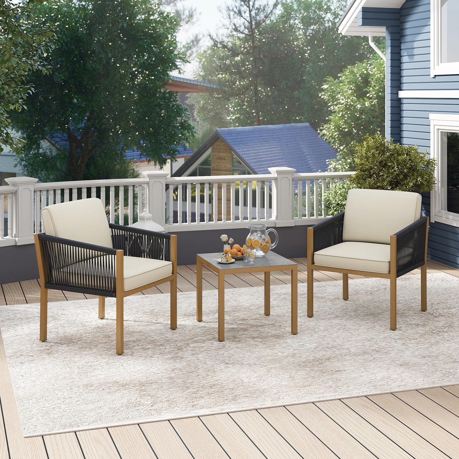 COSTWAY Set Salotto da Giardino 3 Pezzi, Set Conversazione con Tavolo e 2 Sedie, Corde Intrecciate e Cuscini, Struttura in Metallo Resistente, Tavolo e Sedie per Patio, Balcone, Terrazza e Giardino
