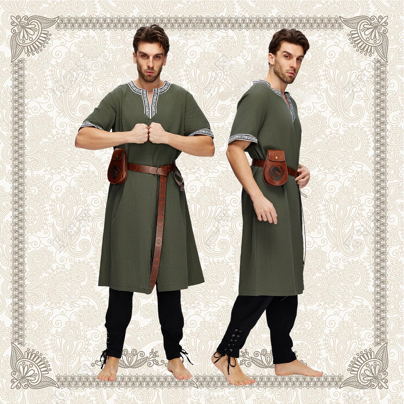 Mittelalter Kleidung Herren Set, 5 Stück Renaissance Kostüm, Kurzarm Tunika Hose mit Zubehör, Erwachsener Wikinger Viking Ritter Outfit für Halloween, Karneval, Mittelalterfest, Faschingskostüme