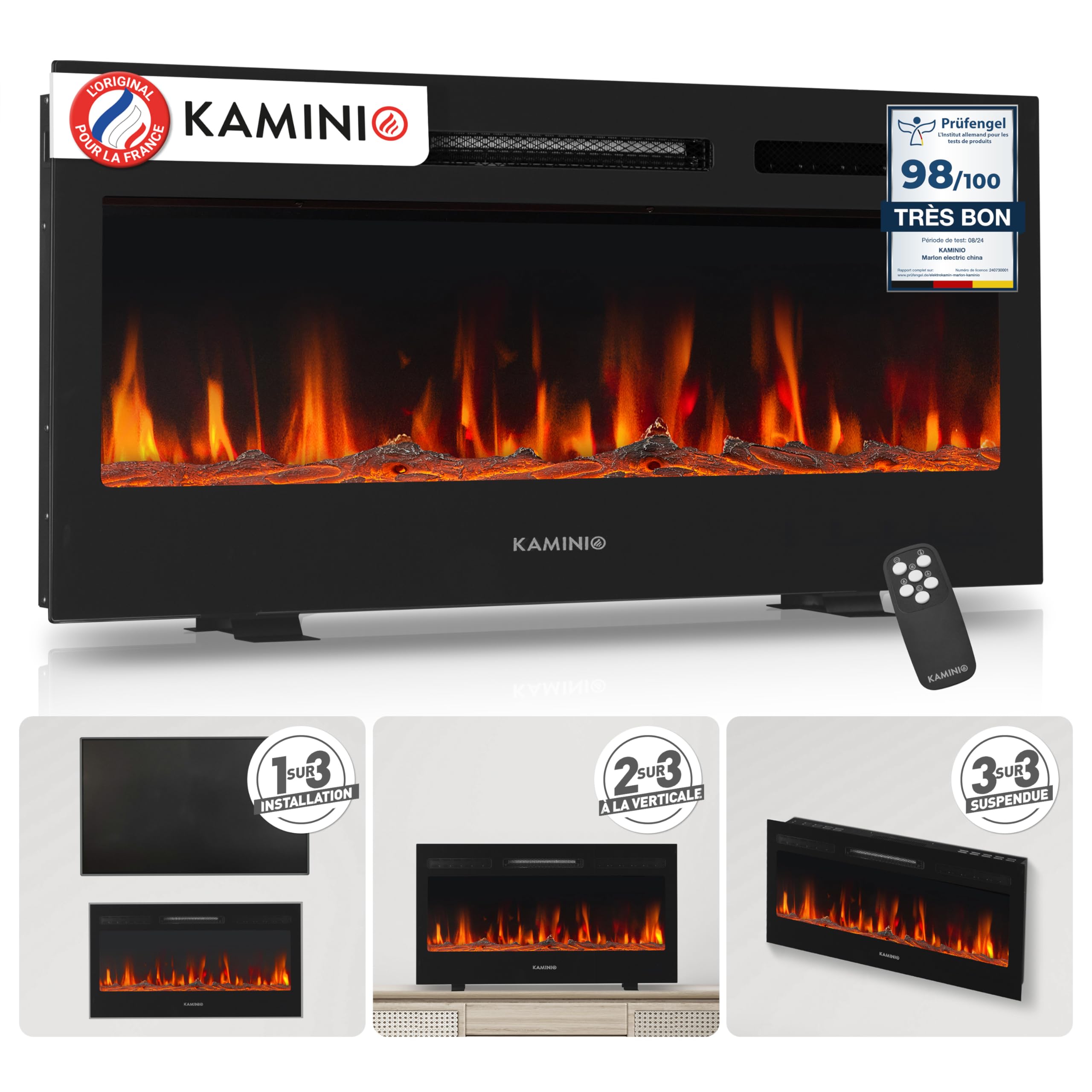 KAMINIO Cheminée Electrique Marlon - Cheminée Électrique 3-​en-​1 avec Chauffage, Effet de Flamme 3D, 12 Couleurs de Flammes, télécommande (36 Pouces)