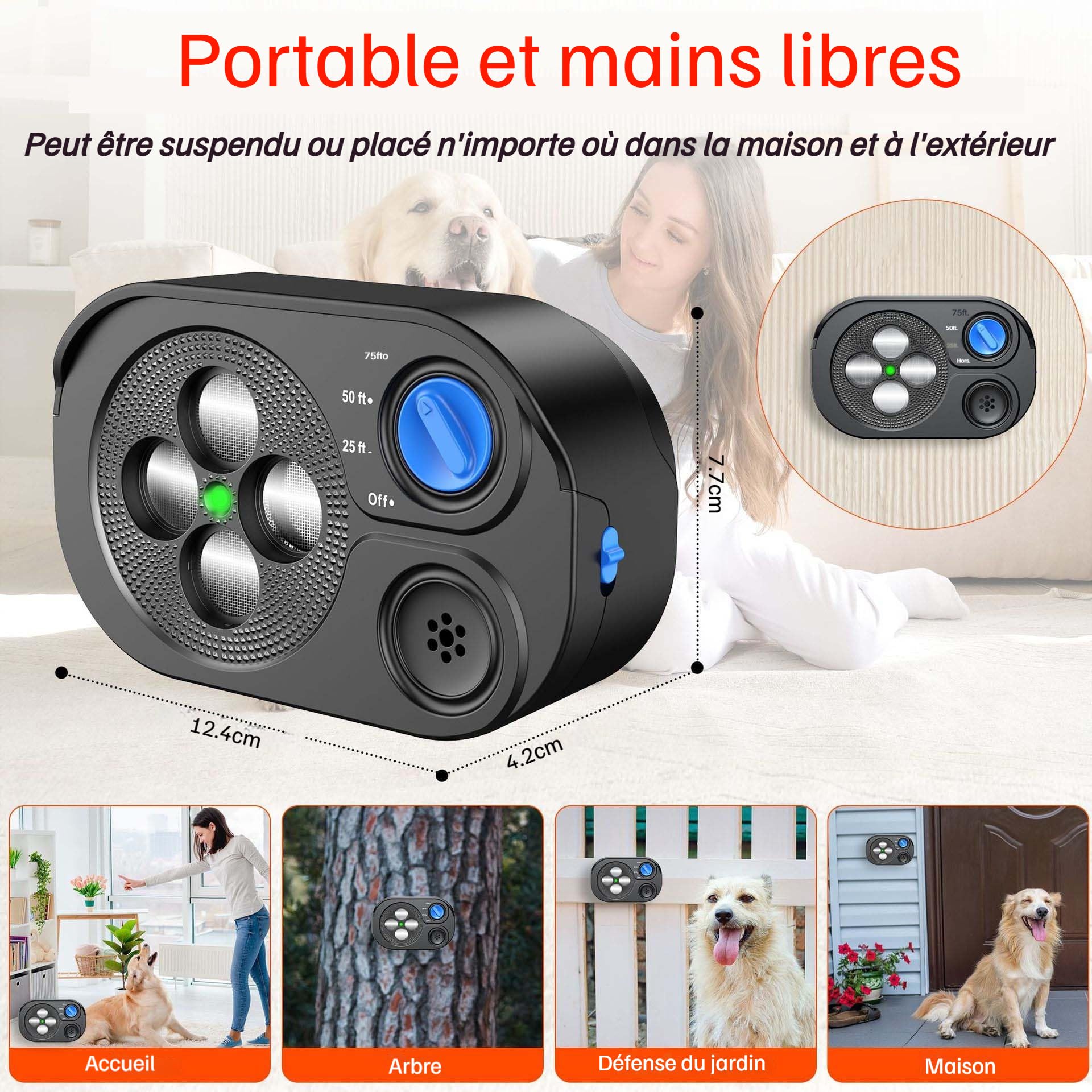 Répulseur de Chien à Ultrasons, Anti-Aboiement, 3 Modes Réglables, Portée 20m, Batterie 2000mAh Rechargeable USB-C, IP65, Noir