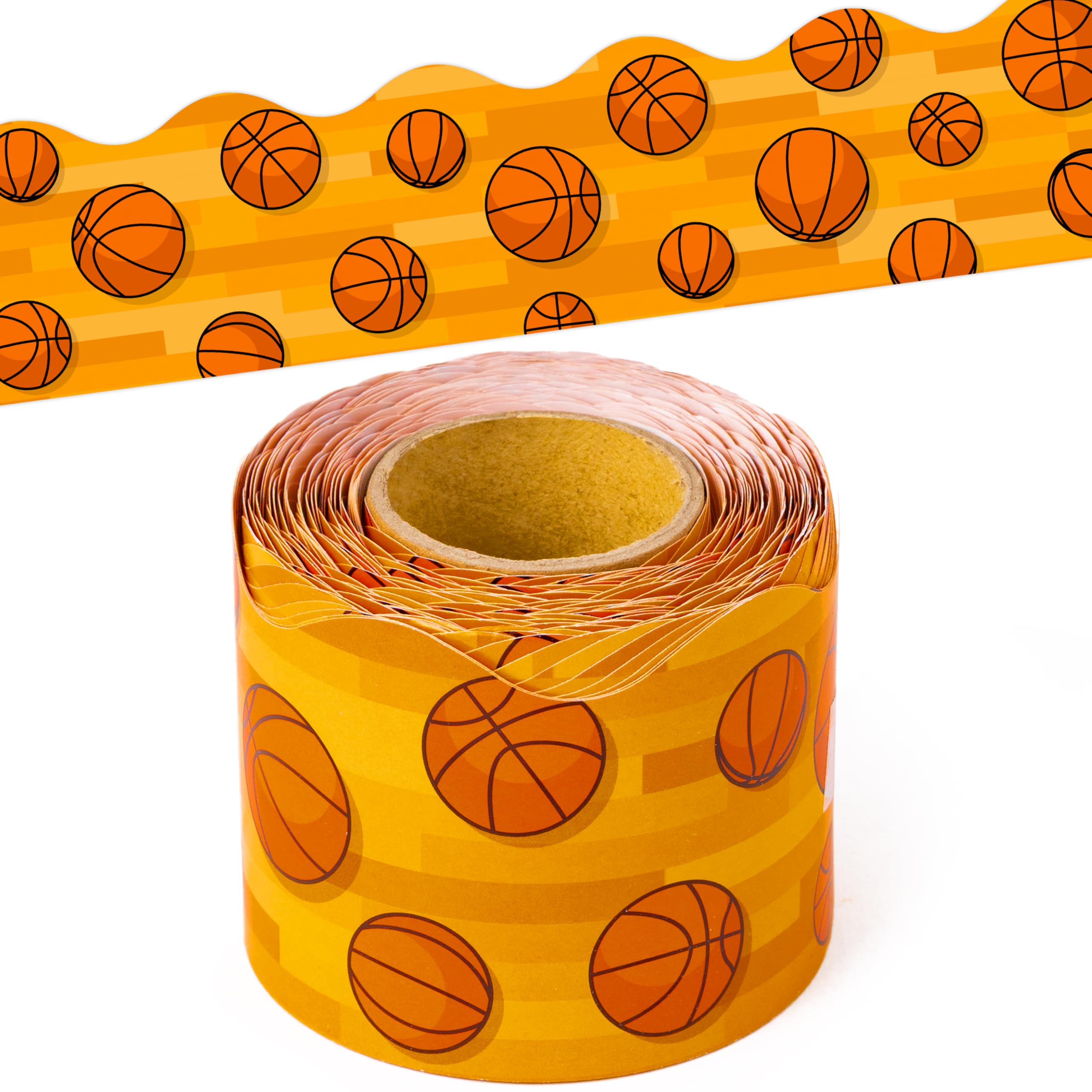 BeYumi Basketball Sport Border Trim - 65ft Back to School Basketball Sport on Orange Scalloped Rolled Border Trim Ball Sports Theme Bulletin Board Set Party School Classroom Chalkboard Wall Decoration