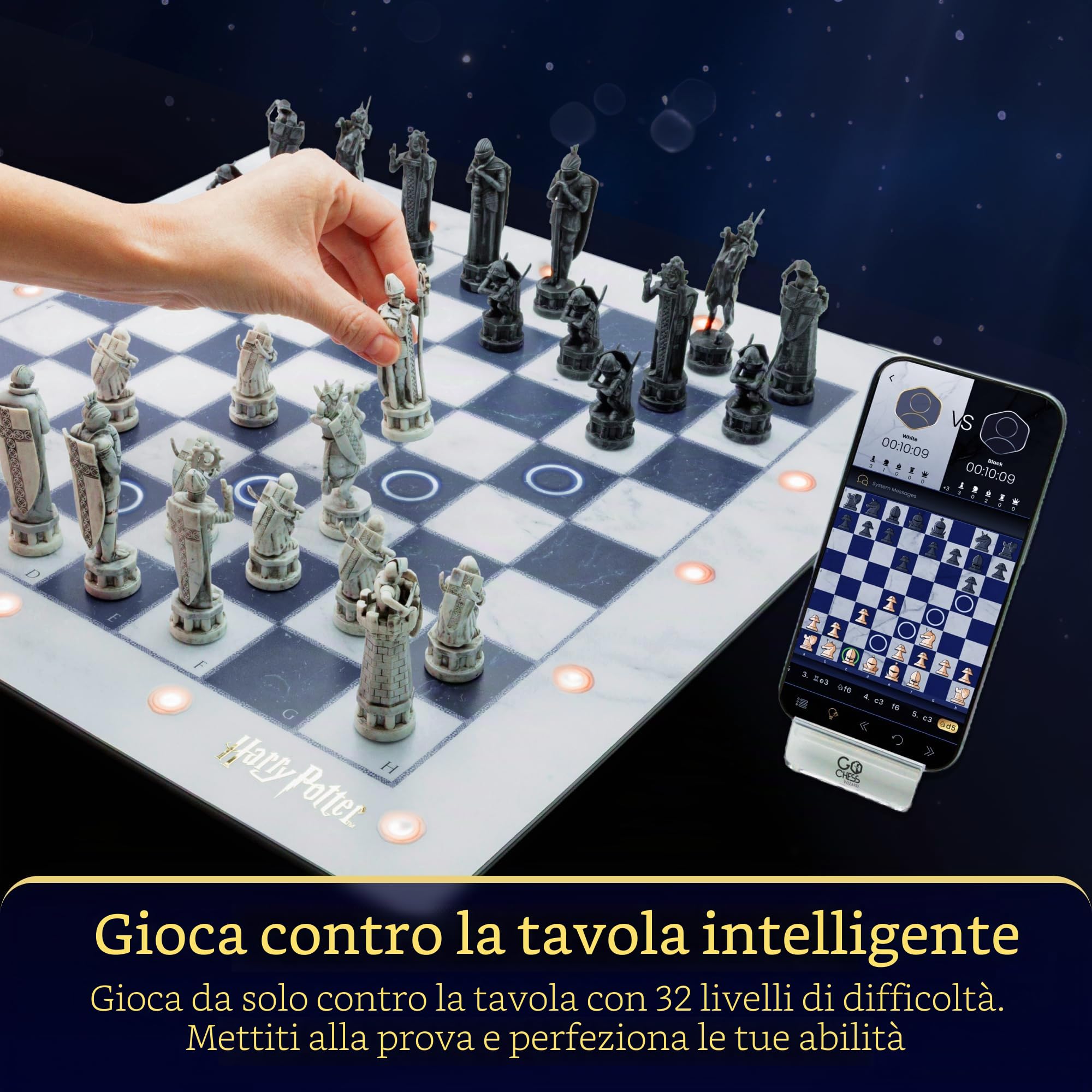 Gioco da tavolo elettronico di scacchi di Harry Potter. GoChess Mini Mago. Set di scacchi illuminato per tutti i livelli di abilità. App di gioco online per gli appassionati di Harry Potter e gli