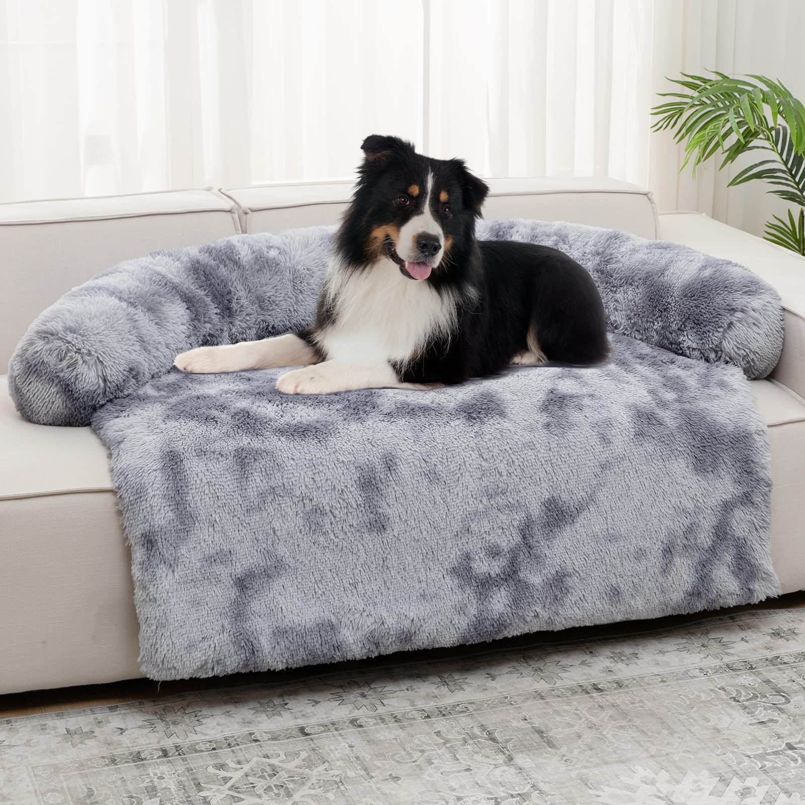 Syalife Shaggy Plush Calming Dog Couch Bed Pet Protector, Fluffy Waterproof Lining and Nonskid Bottom, Dog Mat for Furniture Protector with Washable Cover(41"x37"x6", Grey/White)