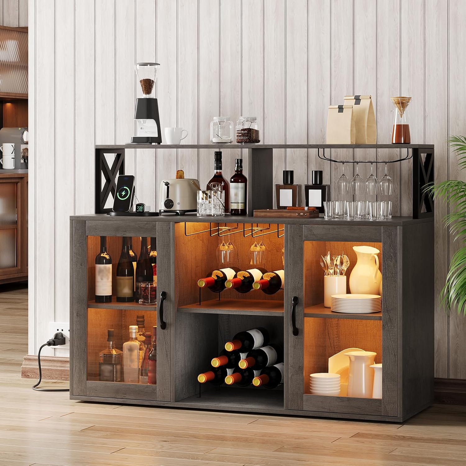 LED Modern Liquor Wine Bar Buffet Cabinet with Storage Shelves &Charging Station - Picture 15 of 15