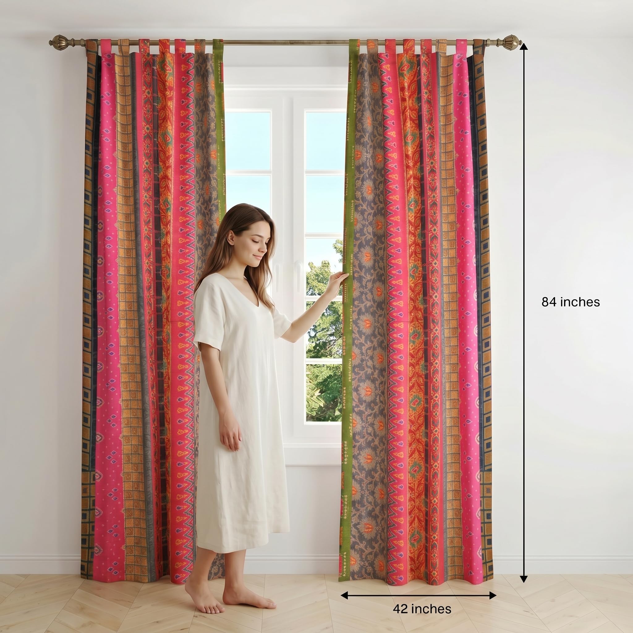 THE ART BOX Lot de 2 rideaux indiens en mélange de soie mélangée style sari bohème pour porte et fenêtre (213,4 x 106,7 cm par panneau) (multicolore)