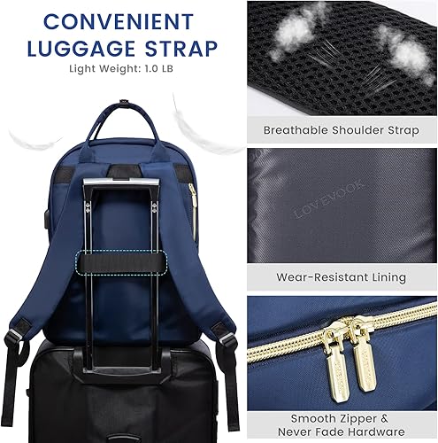 Miniatura 7 de LOVEVOOK Mochila para laptop para mujer, mochila de trabajo de moda con puerto USB, mochilas impermeables para el trabajo., Azul marino, 17,3 pulg.,