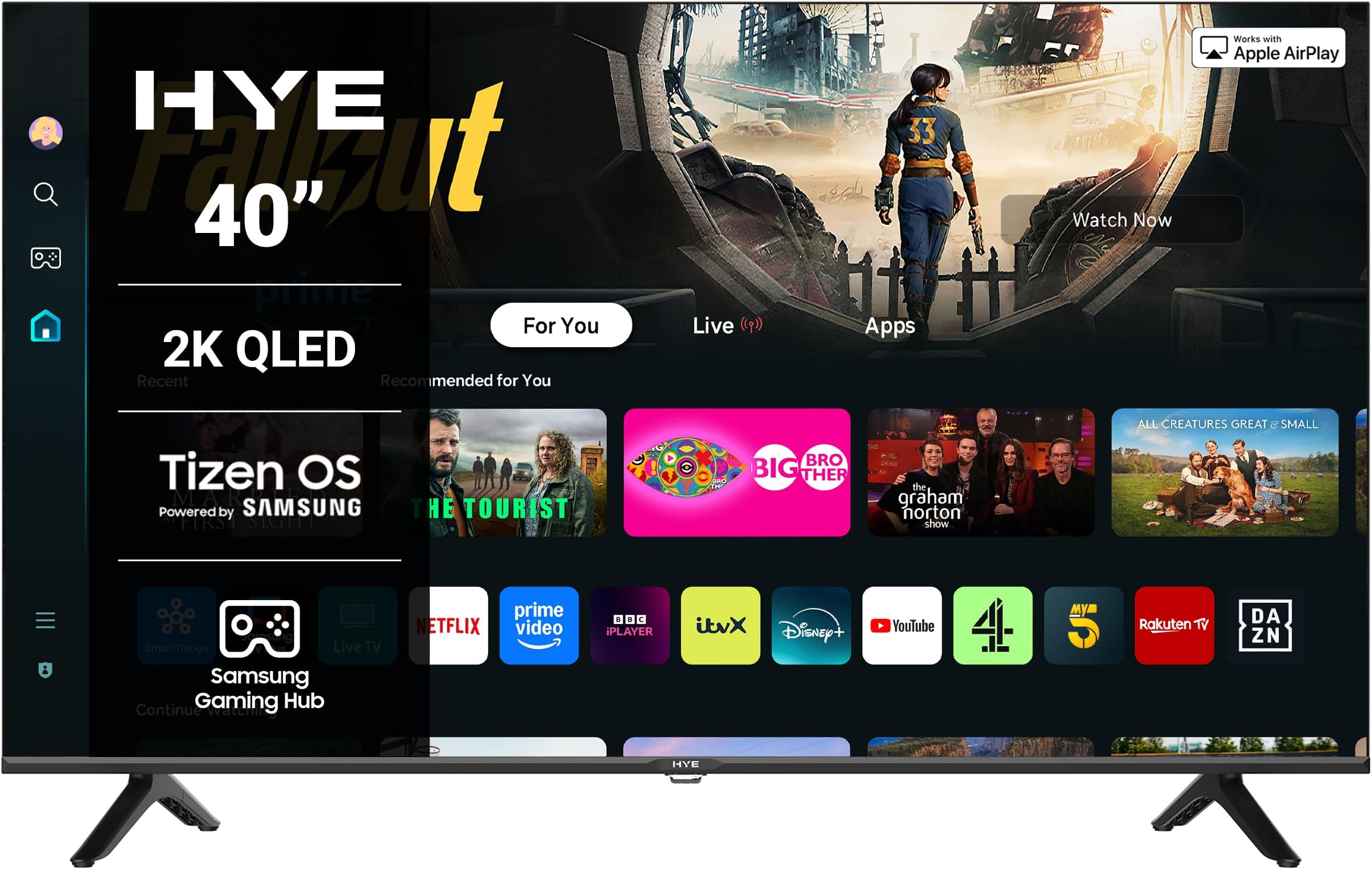 HYE TV - Smart TV, 40" Screen Size, 2K Resolution, QLED Technology, Apple AirPlay, Samsung Tizen OS & Gaming Hub, Versatile Connectivity, Black, Perfect For Streaming, Gaming & Entertainment