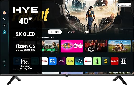 HYE TV - Smart TV, 40" Screen Size, 2K Resolution, QLED Technology, Apple AirPlay, Samsung Tizen OS & Gaming Hub, Versatile Connectivity, Black, Perfect For Streaming, Gaming & Entertainment