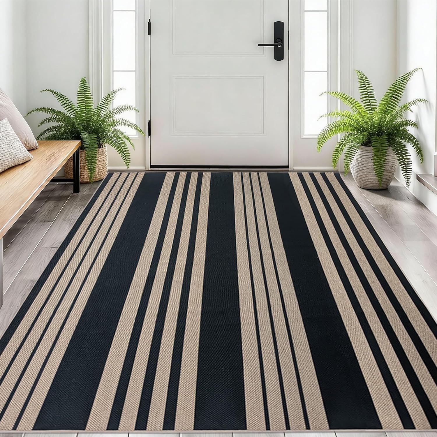 USTIDE Tappeto in iuta a righe, 150 x 200 cm, antiscivolo, lavabile, grande, neutro, per soggiorno, casa colonica, interni ed esterni, nero, per camera da letto, sala da pranzo, patio, cortile