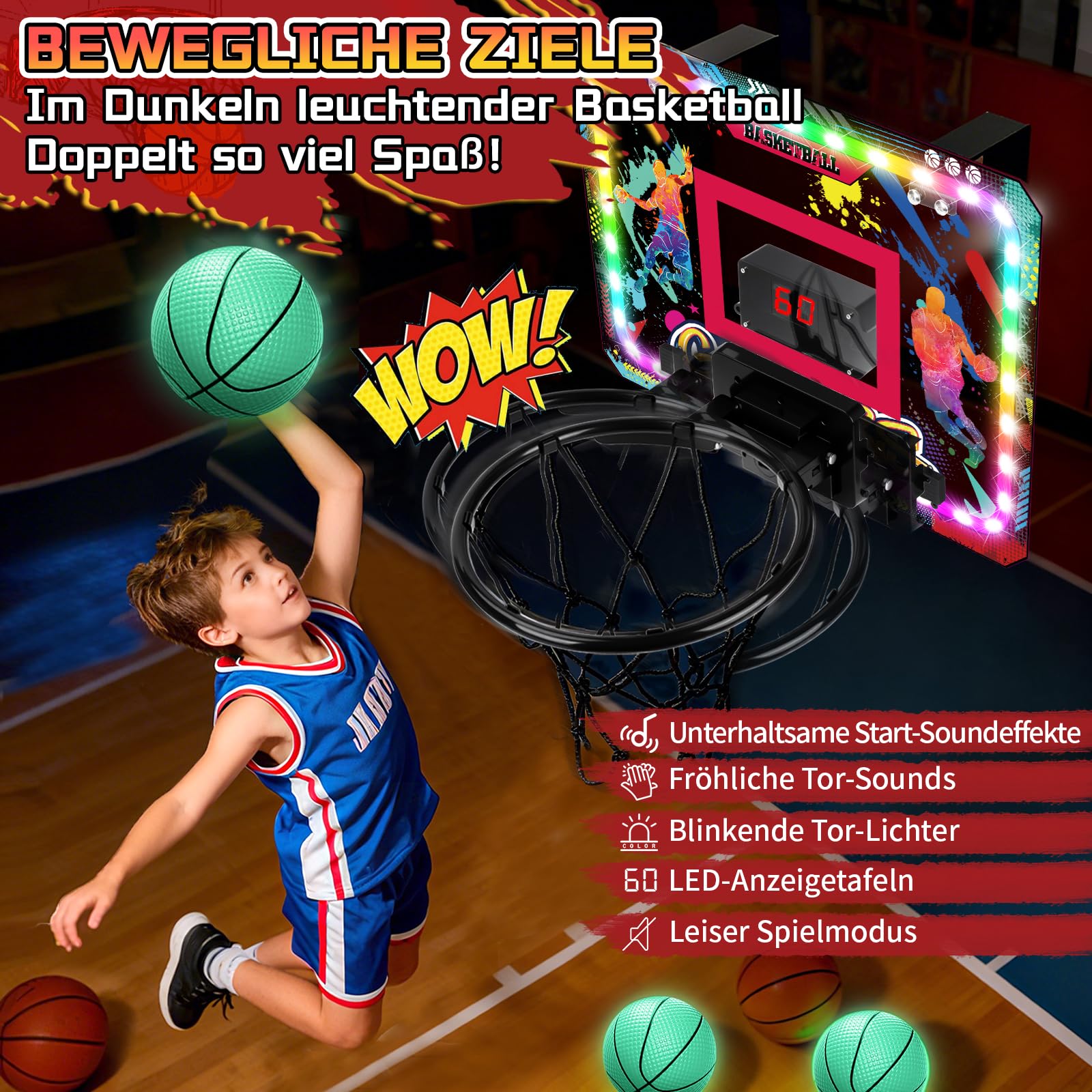 Bewegliches Basketballkorb Indoor, Mini Basketballkorb fürs Zimmer Tür mit Fernbedienungen, Leuchtend Bällen, Anzeigetafel, 10 Farben Lichter, Basketballbrett Kinder für Jungen Mädchen