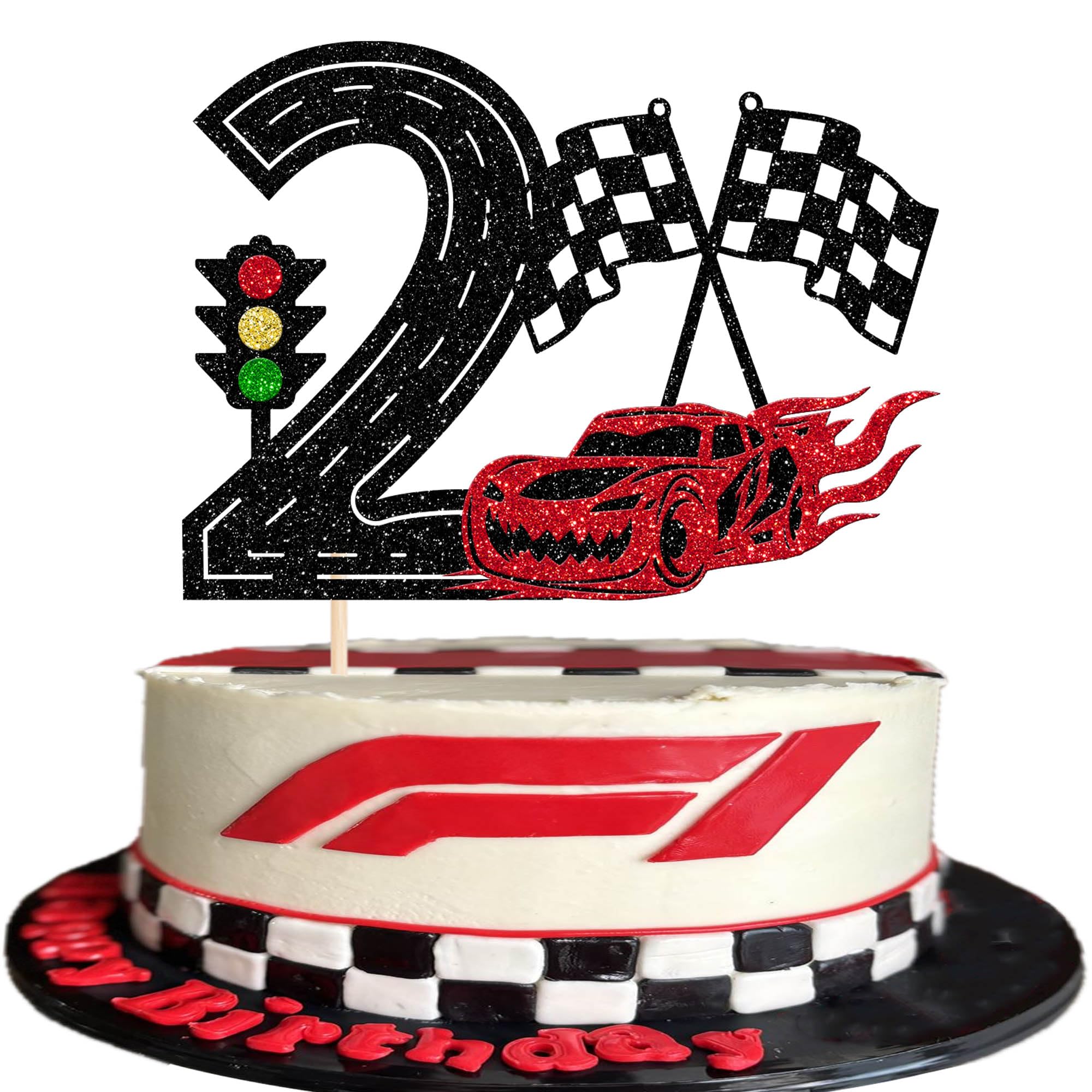 1 Stück Renn Auto Tortendeko Happy 2nd Birthday Cake Topper Glitzer Ampel Karierte Flagge Kuchen Deko für Rennen Thema Baby Dusche Jungen Mädchen Geburtstag Party Kuchen Dekorationen