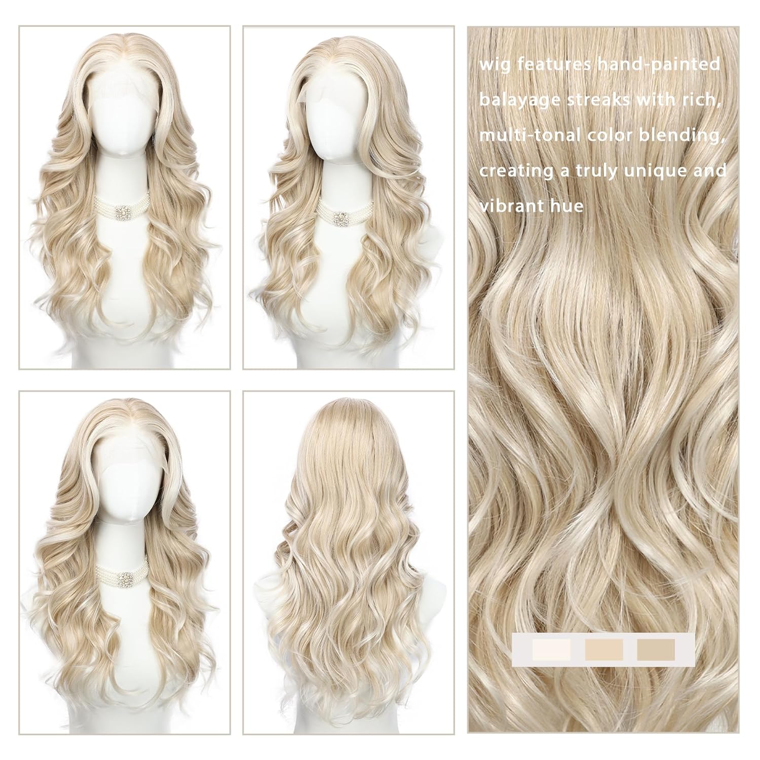 Blonde Lace Front Wig 13x4 Pre Plucked Synthetic Wig for Women Balayage Layered Wig with Curtain Bangs Natural Looking Body Wave for Daily Party Use, 22 Inch