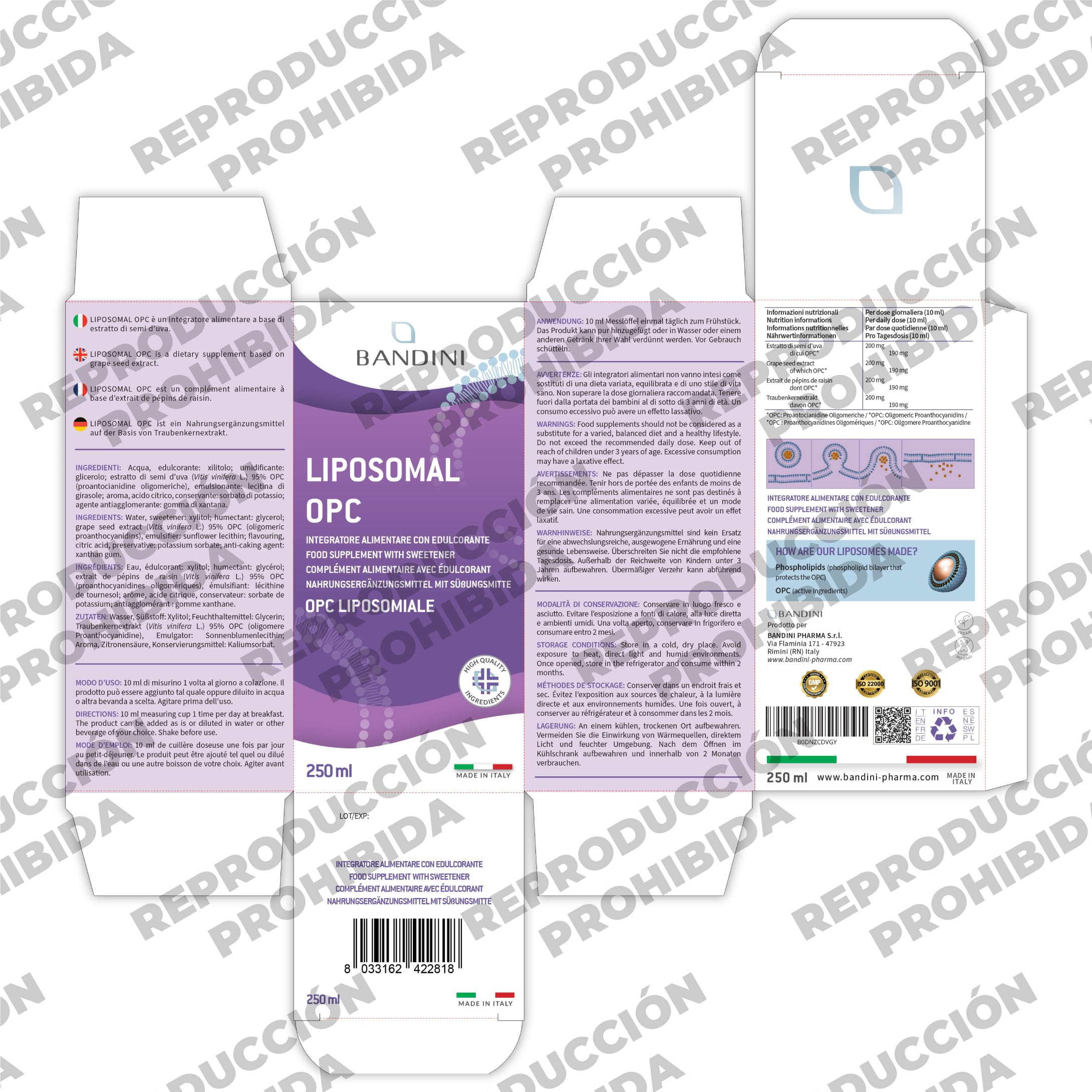 Bandini® OPC Líquido Liposomal 250 ml - Extracto de Semilla de Uva 95% OPC (200 mg por dosis) - Fórmula de Absorción Óptima con Tecnología Liposomal - Suplemento Antioxidante Natural
