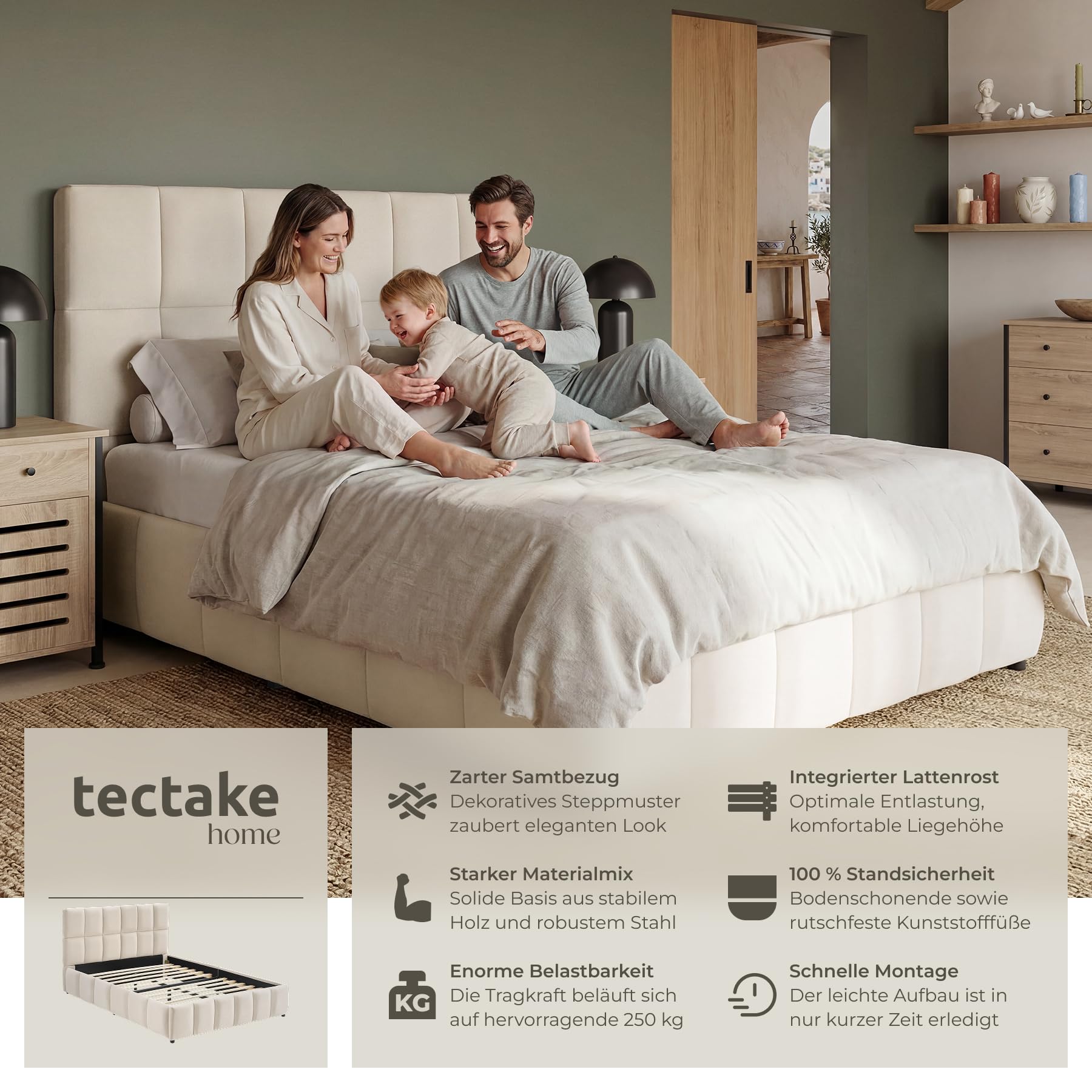 tectake® Polsterbett 120 x 200 cm, integrierter Lattenrost, Kassettensteppung