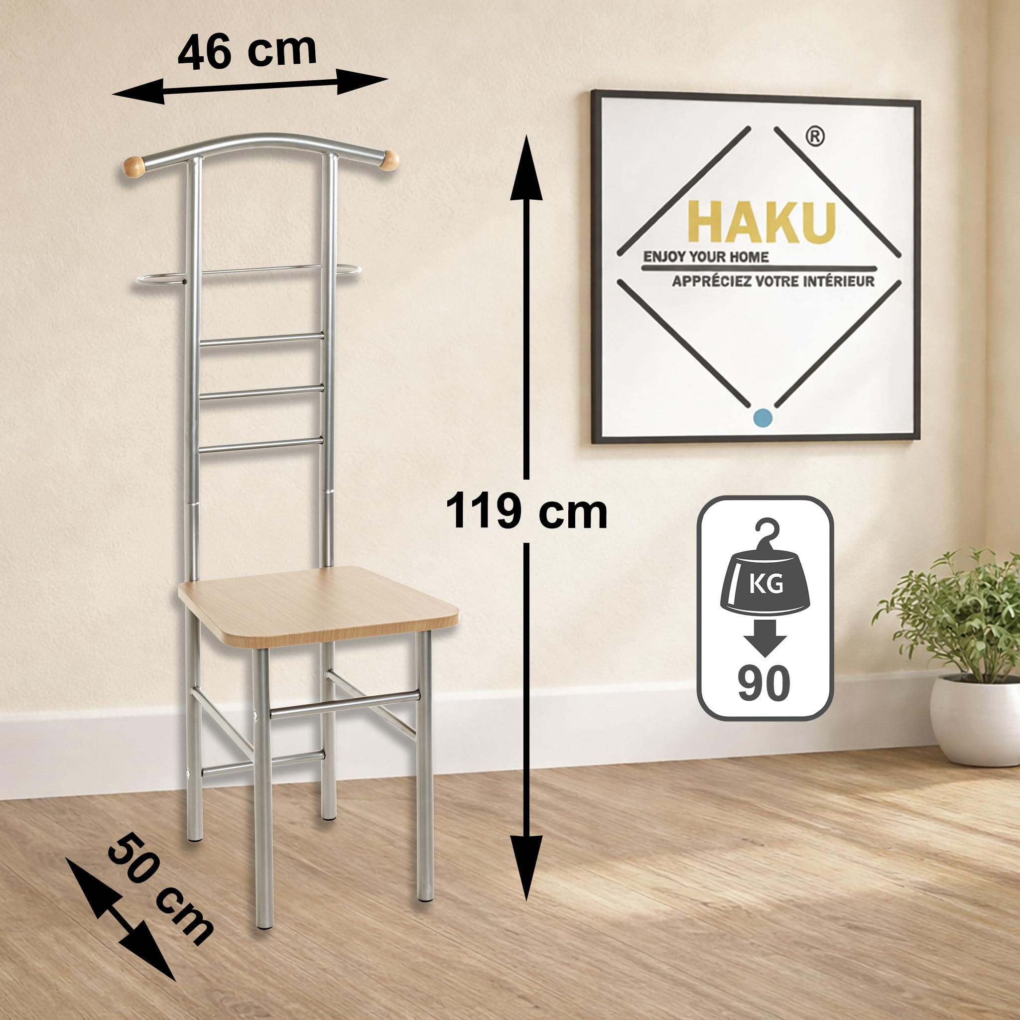 HAKU galán de noche valet de hombre con asiento, sirviente silencioso con asiento de aluminio, haya, MDF, metal - Medidas: Ancho 46 x Alto 119 x Profundidad 50 cm, Estilo: Moderno