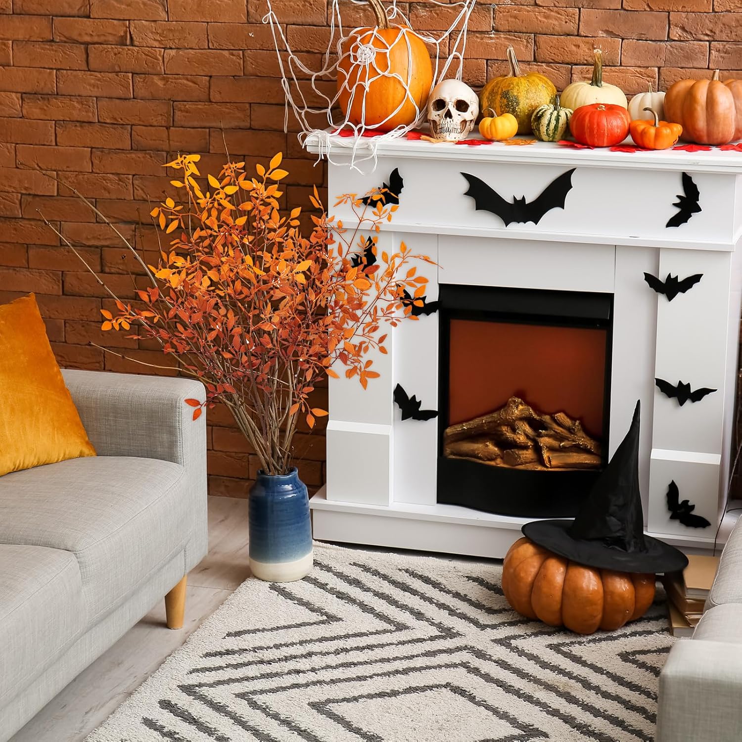 6pcs 36 Inch Fall Artificial Plants Fake Autumn Branches for Vase, Faux Orangen Nandina Long Stems for Tall Vase, Fake Plants Fall Stems for Wedding Garden Office Home Décor