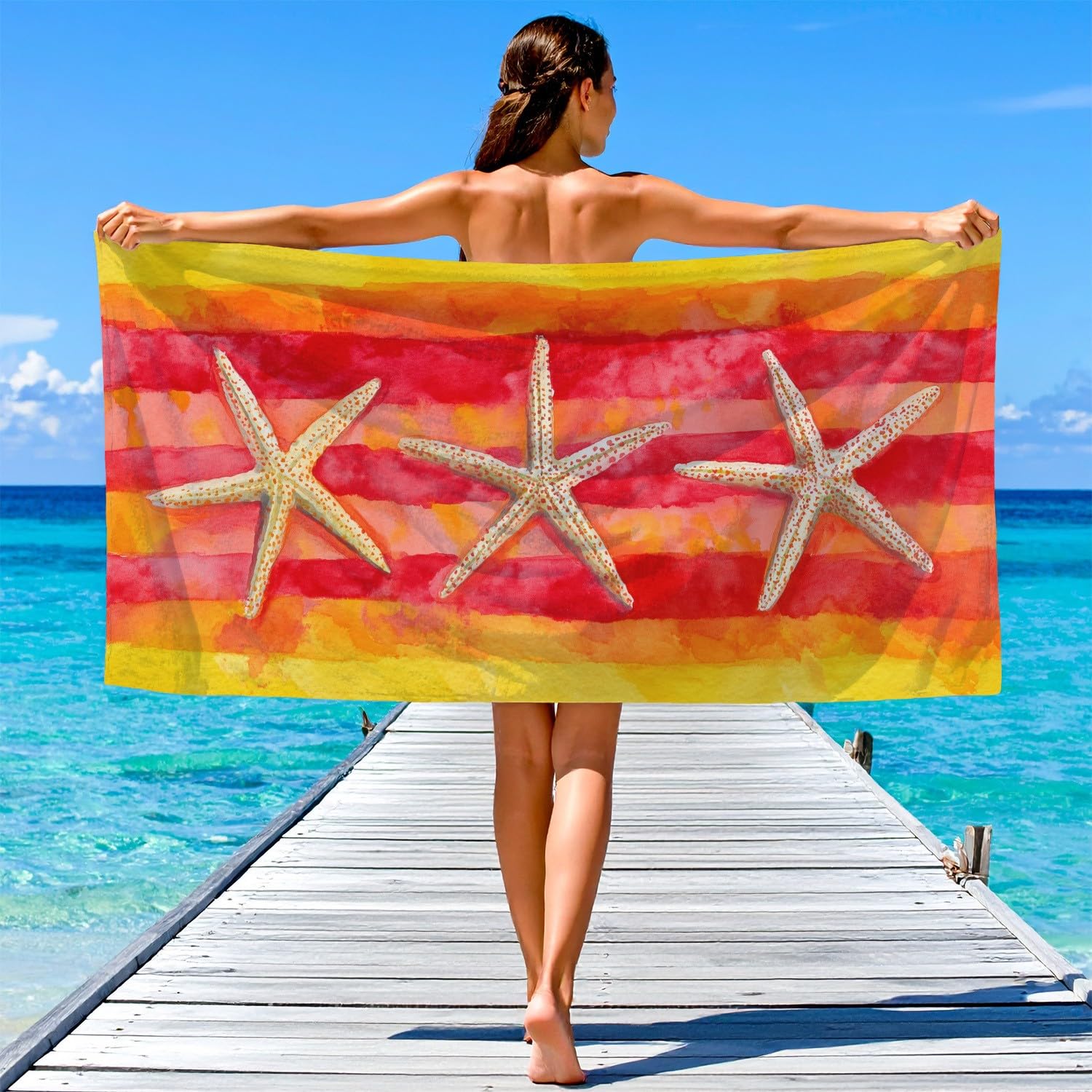 Générique Serviette de Plage Microfibre 200 x 100 CM,Drap de Plage Américain, rétro, rayé, Couverture de Plage Absorbante,Couverture de Bain Étoiles de mer, Animaux