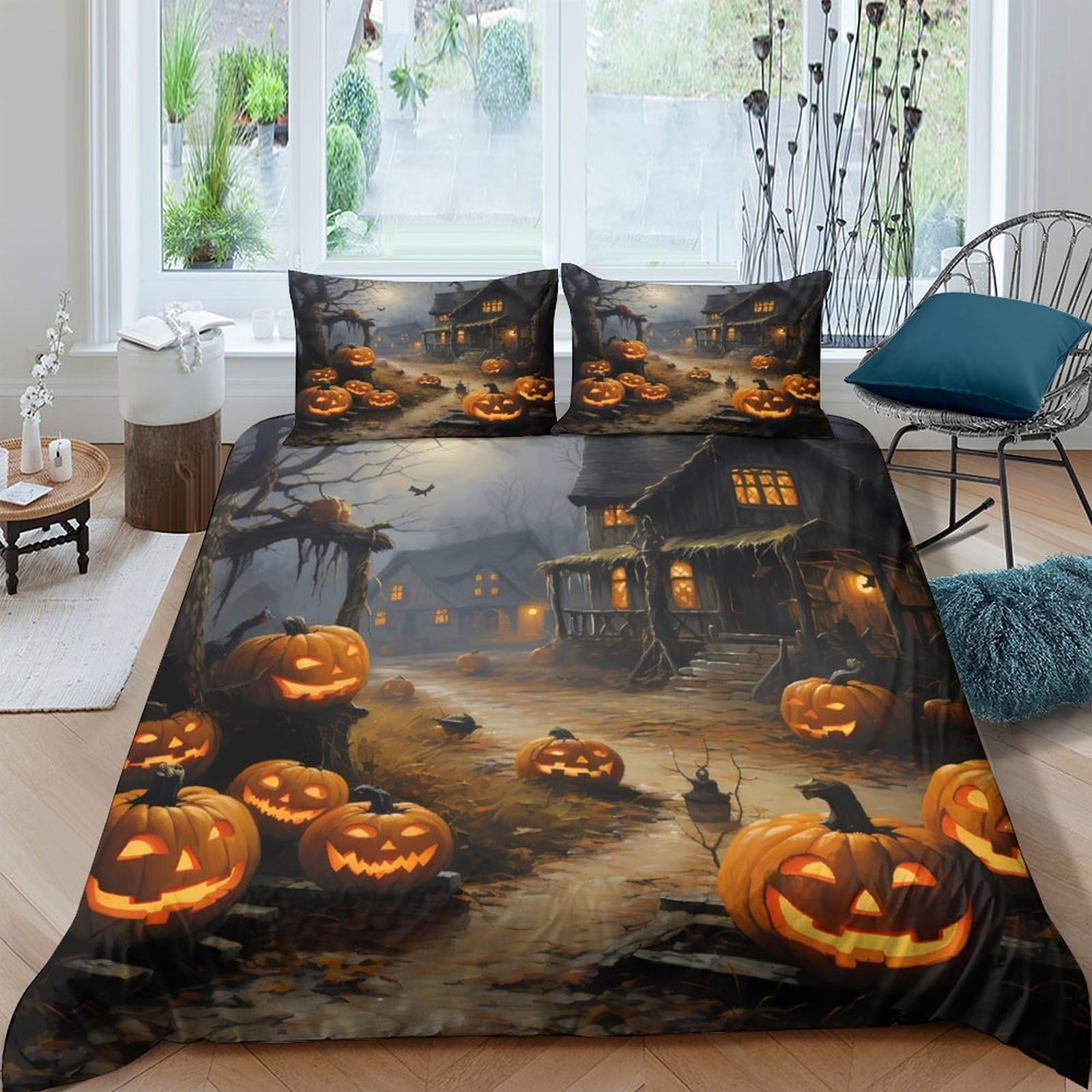 Ctjqhvkz Style-4 3D Printed Halloween Haunted House Fitted Sheet Microfiber Soft Pumpkin Bed Cover For Bedroom Dorm Decoration Single（135X200cm）