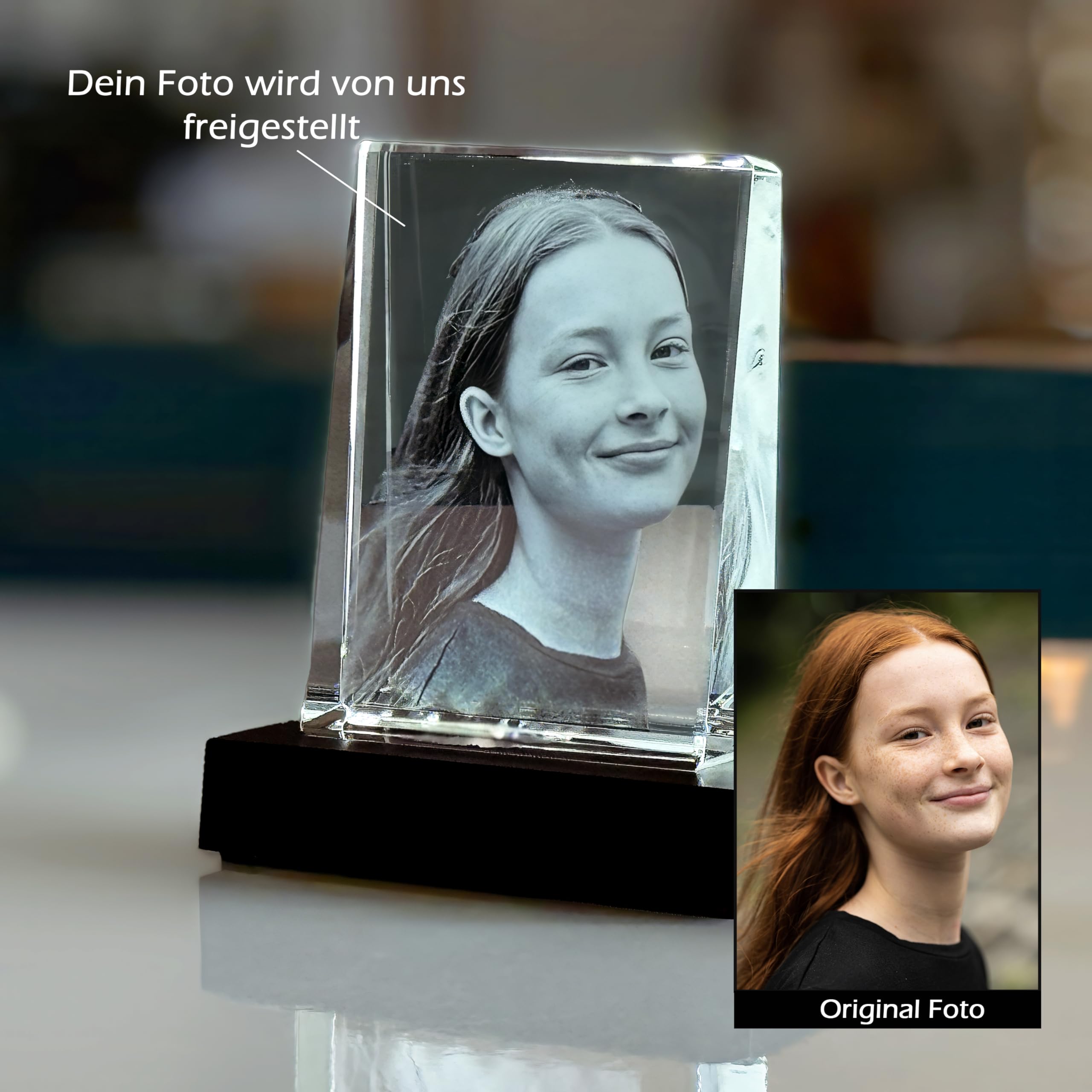 contento - 2D Glasfoto personalisiert - Foto in Glas gelasert, Kristallfoto mit LED Leuchtsockel, Geschenk für Familie, Geburtstag, Hochzeit (Kristall + Leuchtsockel, M Hochformat (10,5x8x3cm))