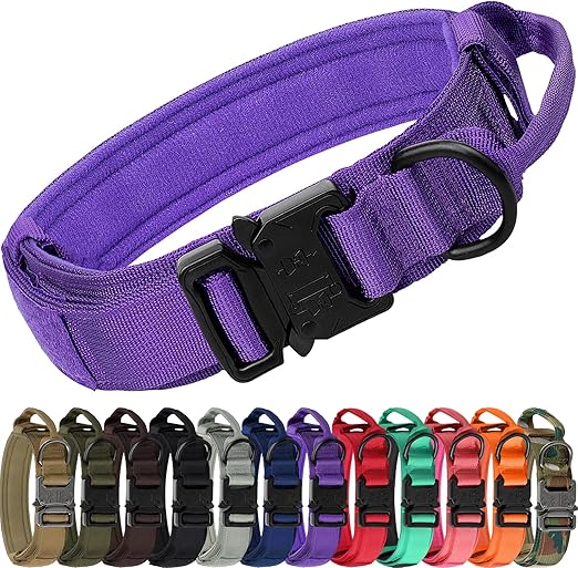 Joytale Tactical Dog Collar with Handle, Adjustable Heavy Duty Military Collar with 2 Patches for Training, Suitable for Large Dogs, Purple, L