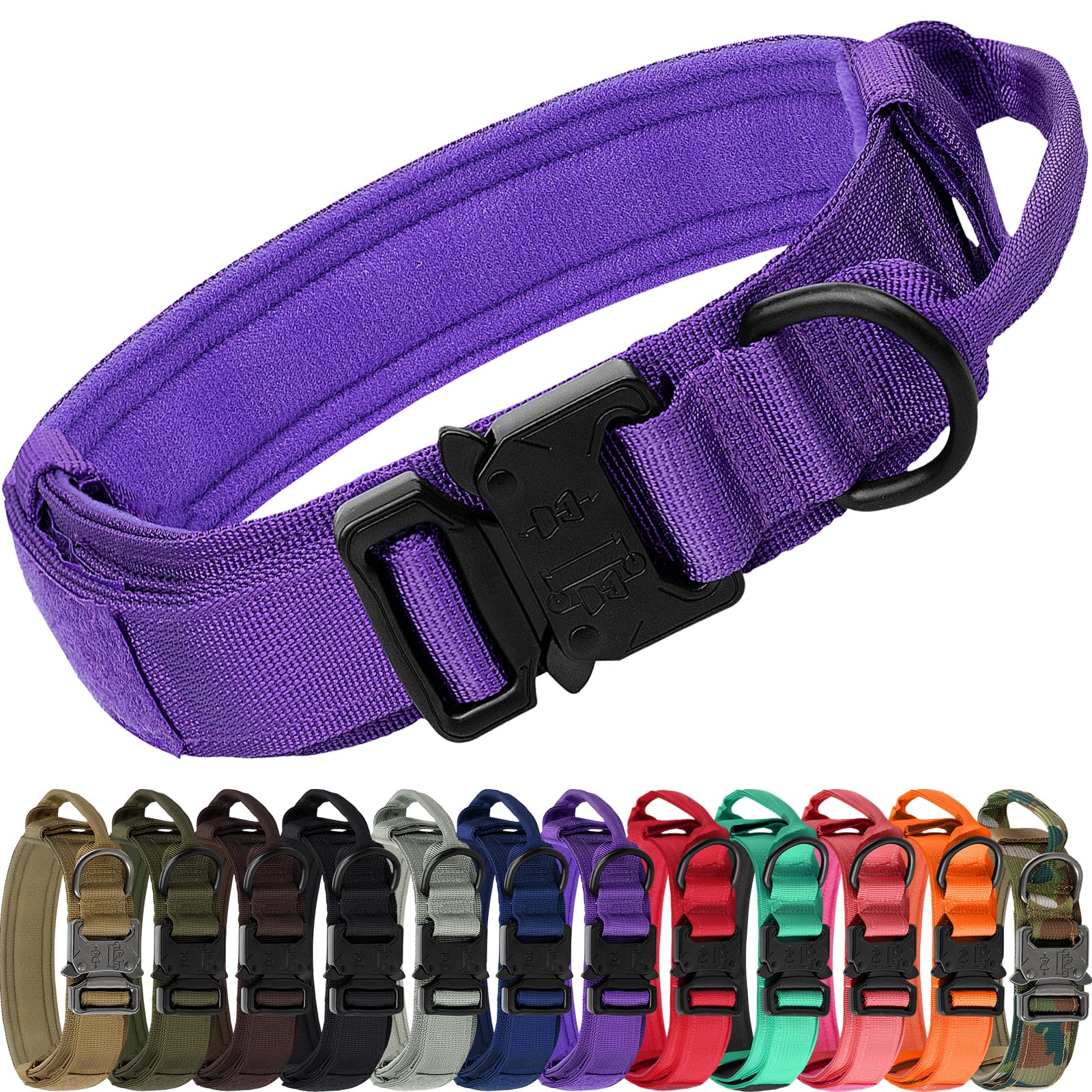 Joytale Tactical Dog Collar with Handle, Adjustable Heavy Duty Military Collar with 2 Patches for Training, Suitable for XLarge Dogs, Purple, XL