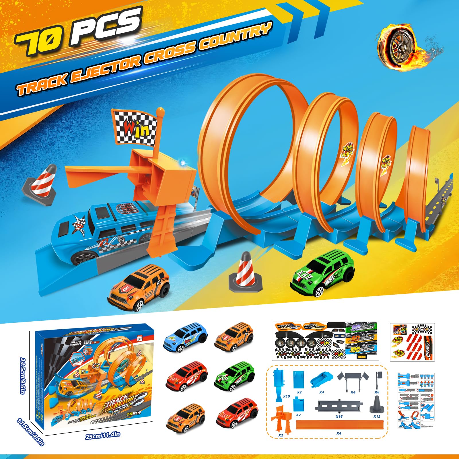 Ulikey Piste de Voiture Enfant, 76 Pièces Flexible Circuit Voitures avec 4 Loopings & 6 Voitures, Pistes de Course Voiture Jouet avec Lumières & Son, Démontage&Stockage, Cadeau Garcon Fille de 3+Ans
