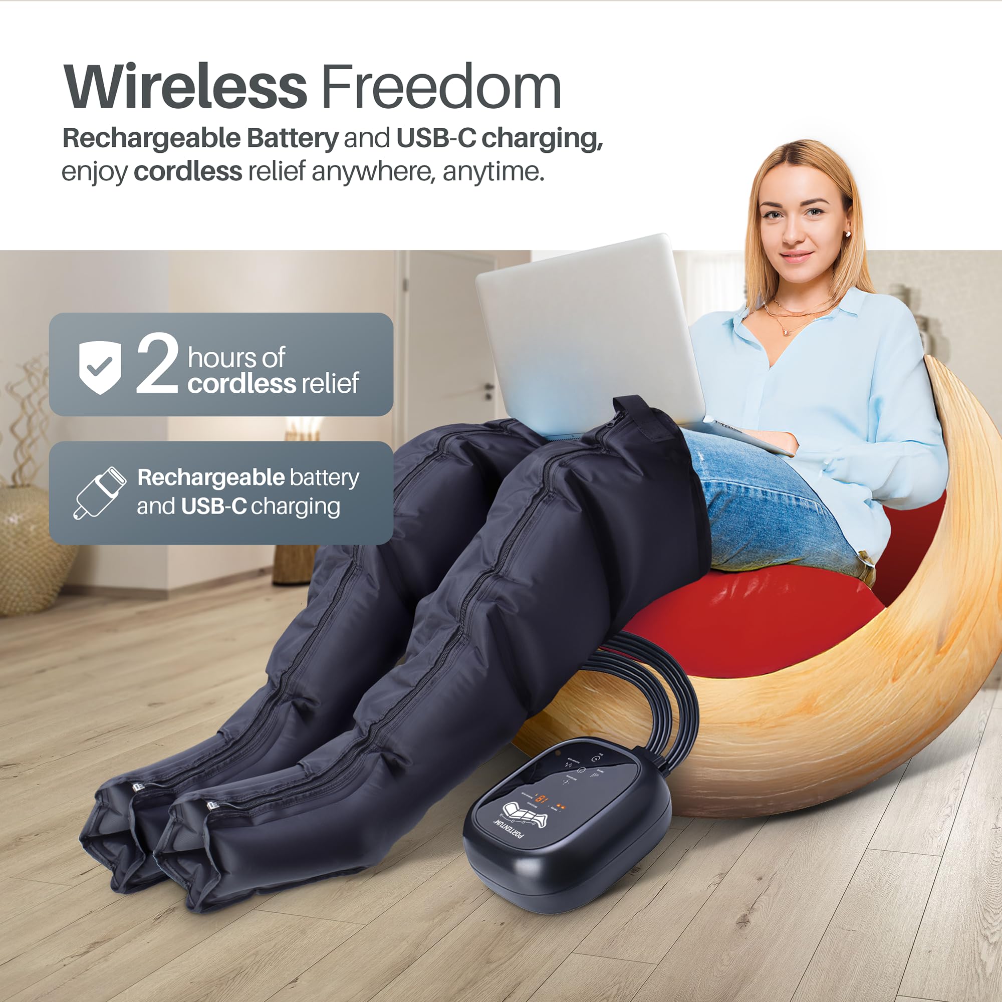 PORTENTUM Domowa terapia ciśnieniowa z baterią – 8 trybów i 3 poziomów intensywności, sterowanie z wyświetlaczem LCD, USB-C, łagodzi zmęczone nogi i poprawia krążenie krwi, torba transportowa