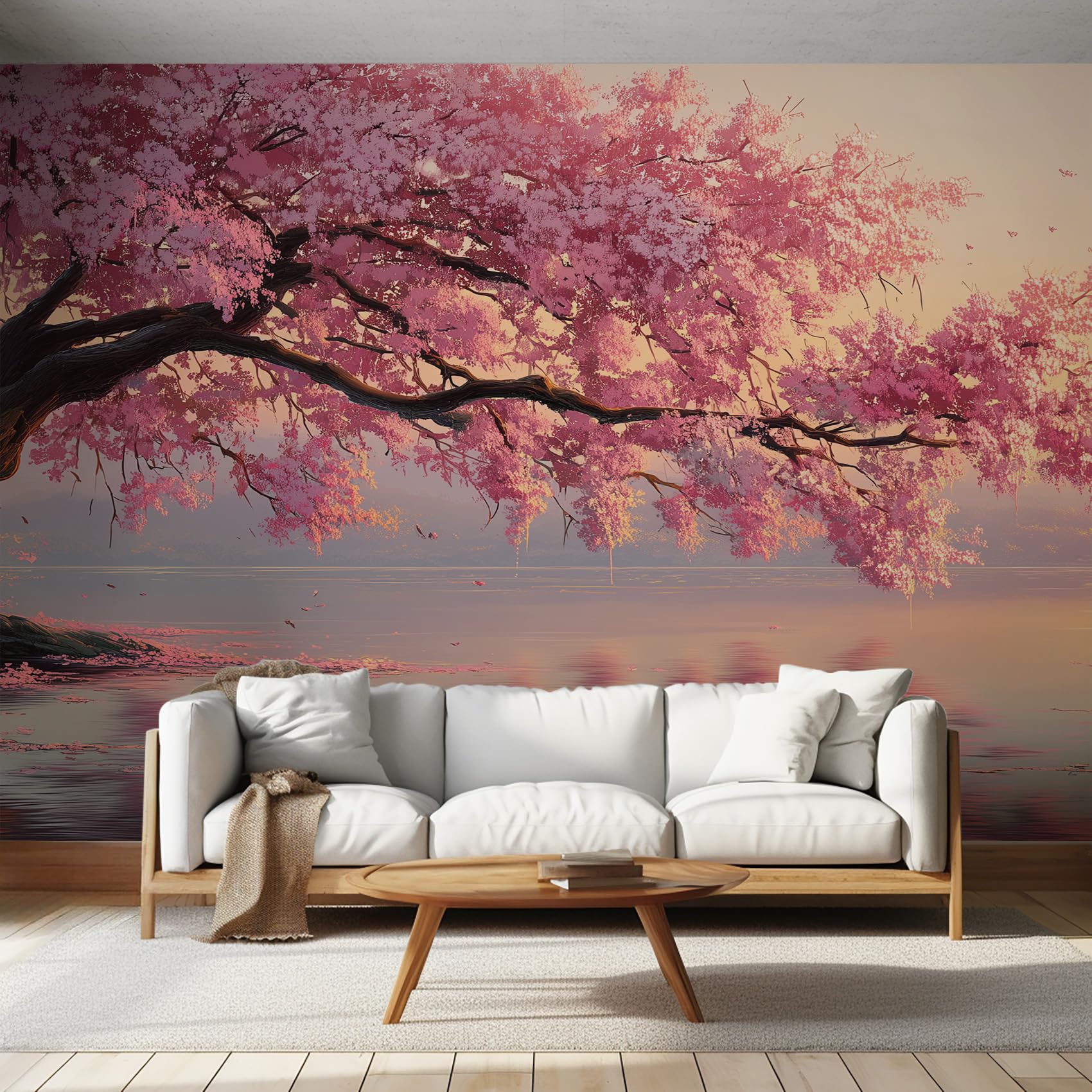 Générique Papier Peint Panoramique Fleur de Cerisier, Papier Peint Japonais Lac Paysage Fond pour Chambre Wallpaper, Fresque Murale pour Salon Salle Deco Murale, 250x175cm D&O22