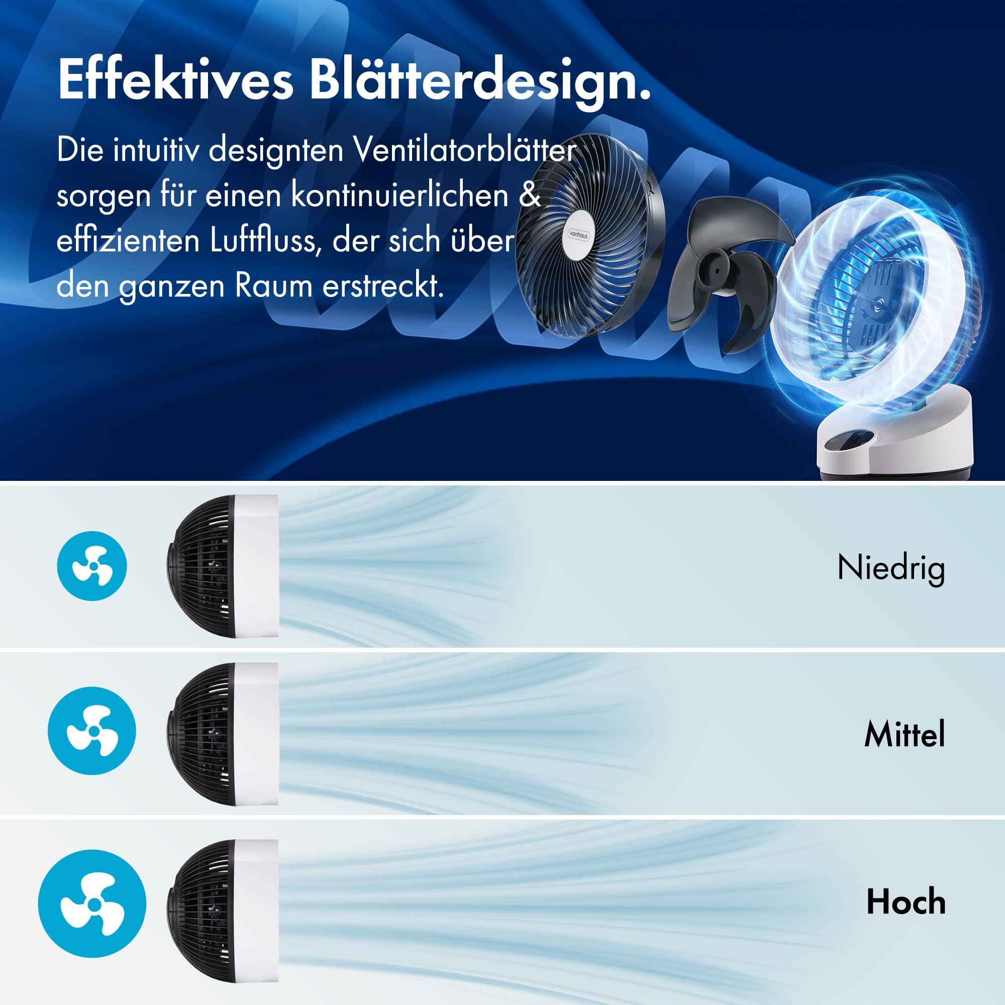 VonHaus Umluft Ventilator Leise Tischventilator 3 Geschwindigkeitsstufen 3 Modi Fernbedienung 12-h-Timer 60° Schwenkfunktion LED-Display