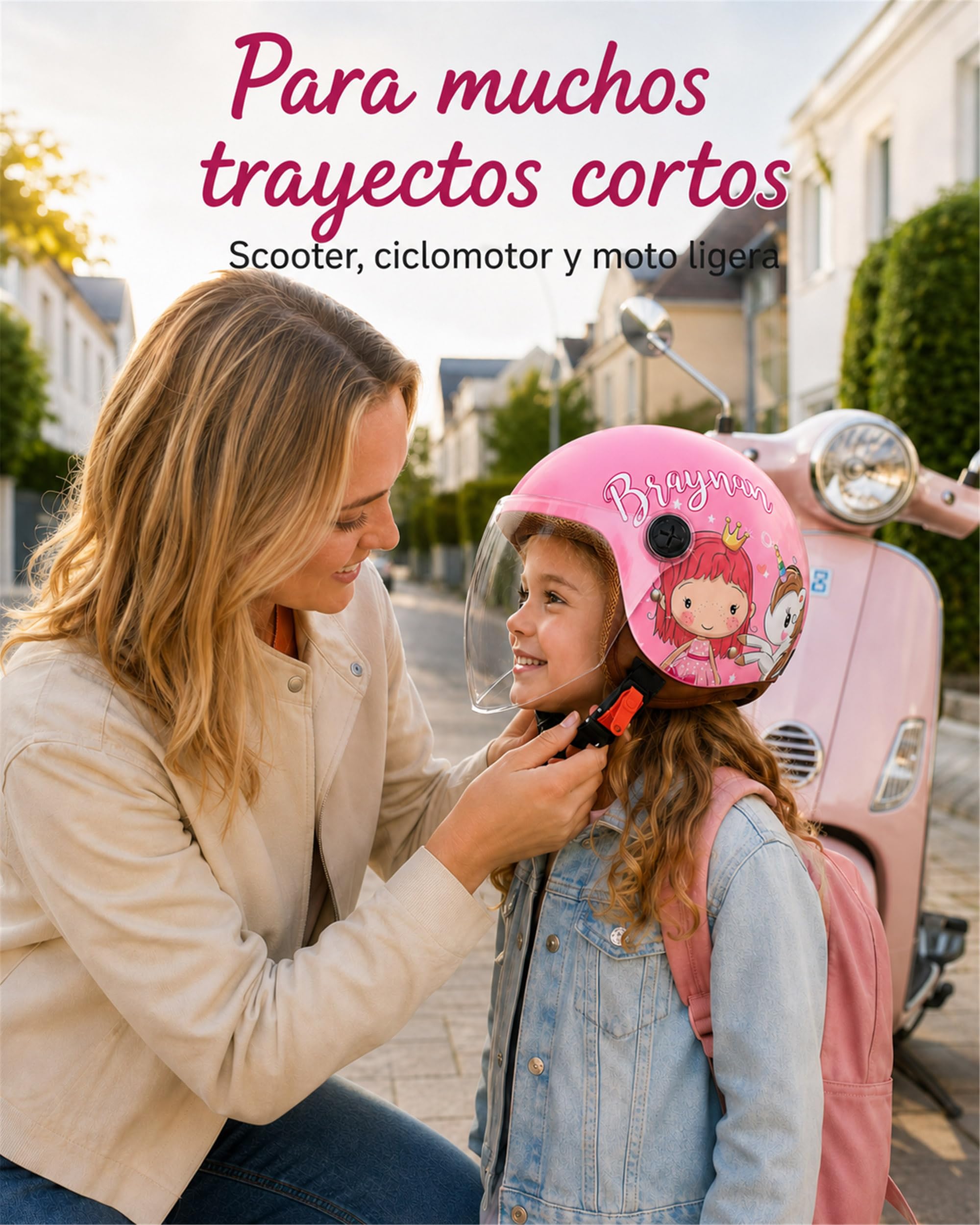 Casco Moto para niños, Casco Jet con Visera, Casco de ciclomotor para , Bolsillo de liberación rápida, 48-55cm, 3 a 12 años, Rosa
