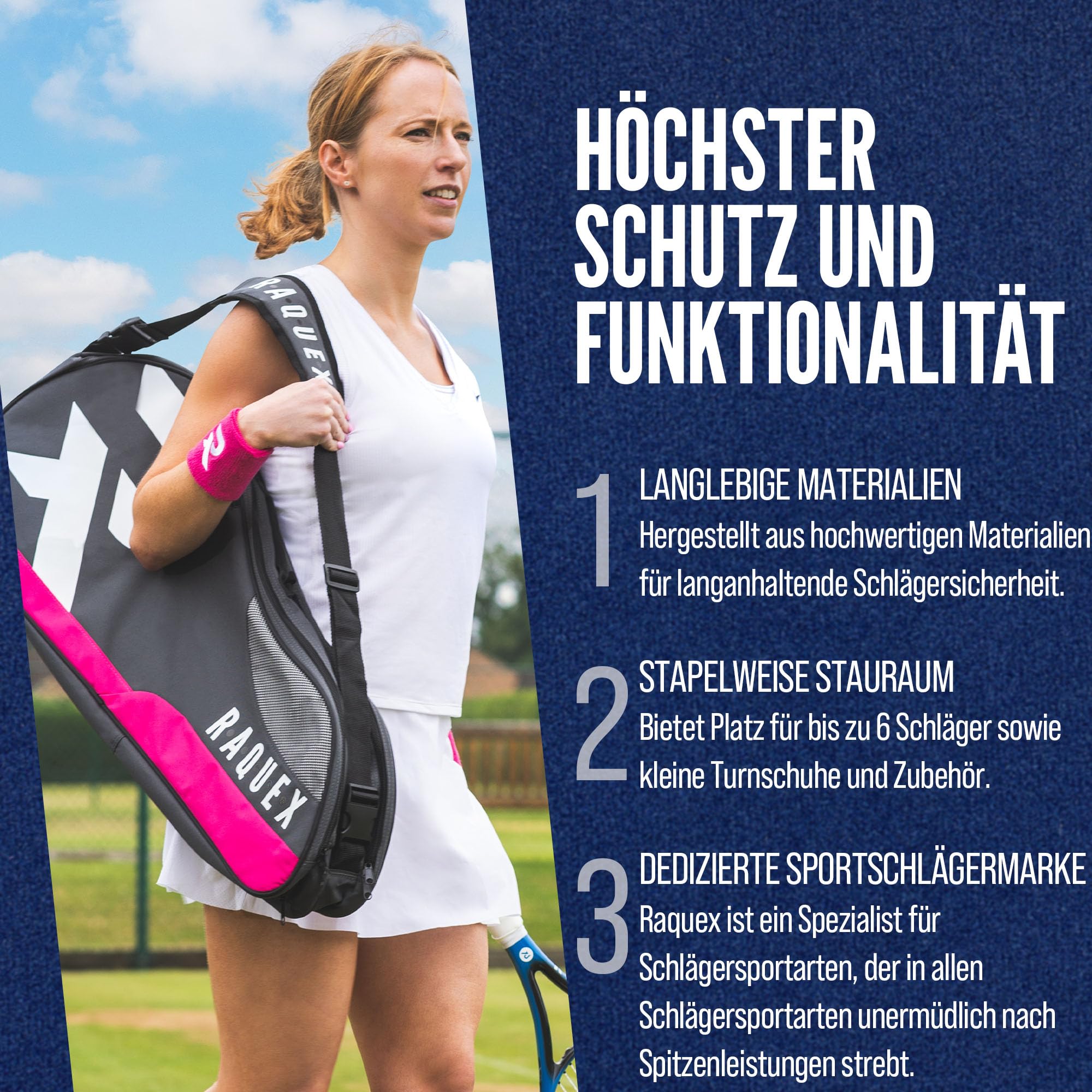 Raquex Schlägertasche - Blau/Schwarz/Magenta - für Tennis-, Badminton- und Squashschläger. Tennistasche für bis zu 6 Schläger + Zubehör + Sportschuhe