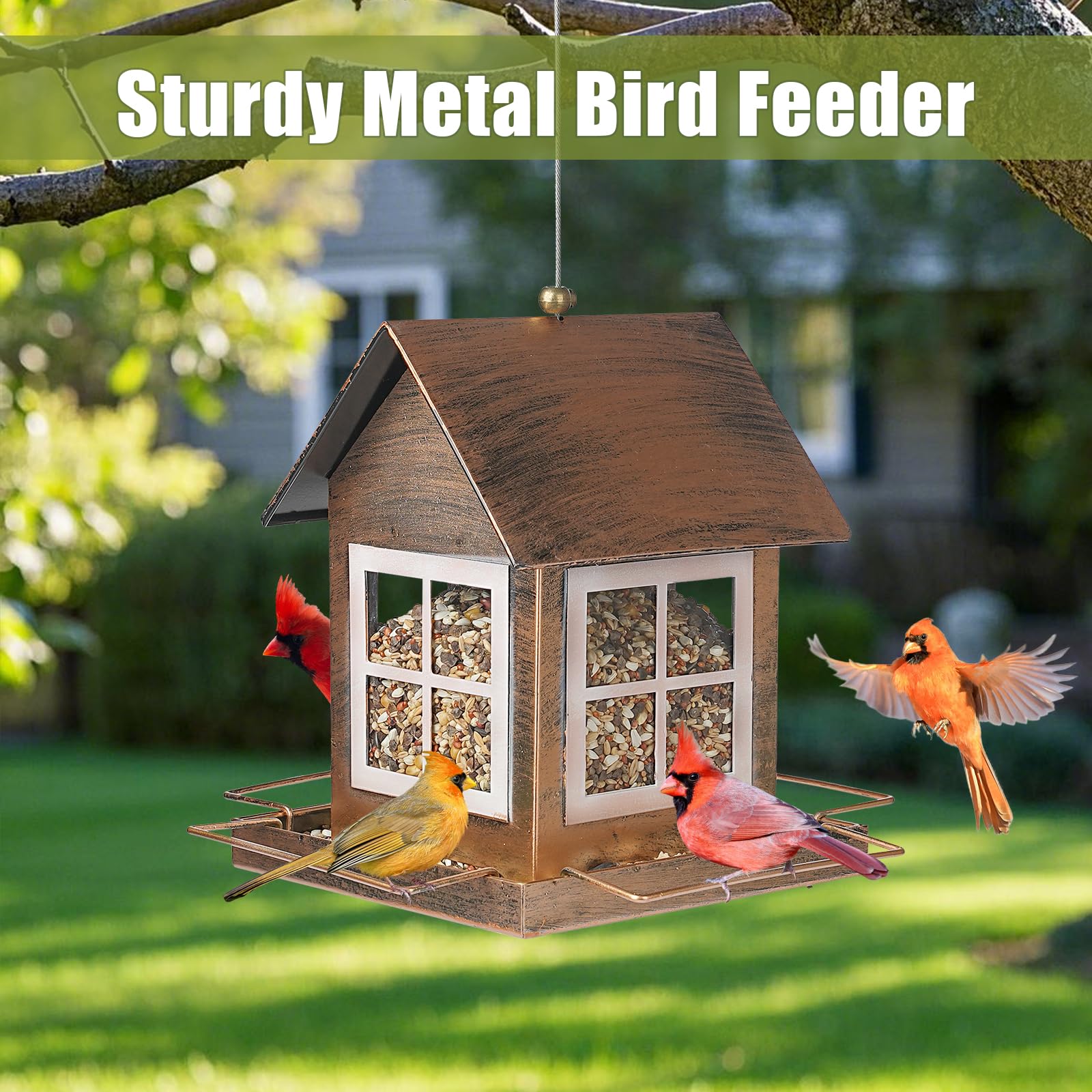 Comederos para pájaros, comedero de metal para colgar al aire libre, comedero de pájaros de gran capacidad resistente a la intemperie con hebilla a prueba de ardillas para exteriores, forma de
