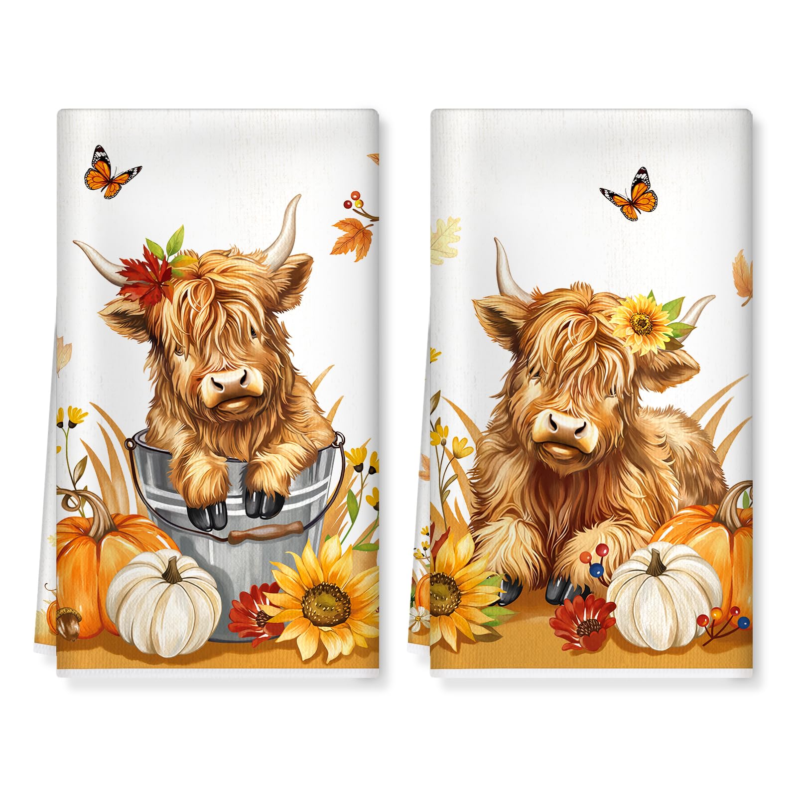 Arquiel Autumn Highland Cow Kitchen Towels, Thick Cotton Blend, Set of 2