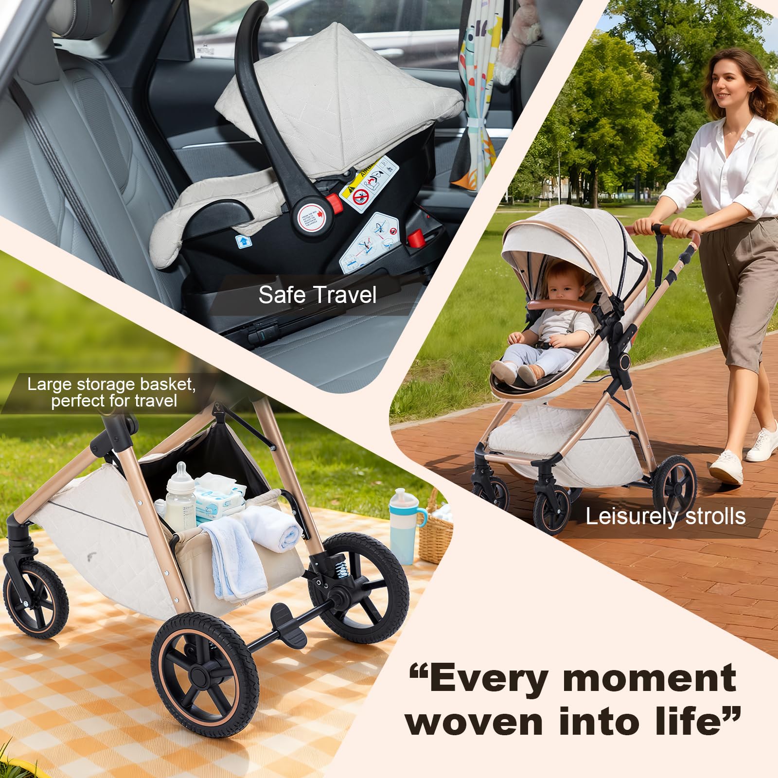 Zkiprm Poussette trio, Poussette bebe confort | Système de Voyage Bébé avec Siège, Poussette Pliable, Poignée Réglable en Hauteur Housse de Pluie | 0-3 Ans