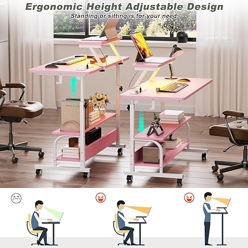 Miniatura 4 de Escritorio de pie ajustable en altura con tomas de corriente y luces LED, escritorio de pie manual de 32 pulgadas con soporte para monitor y