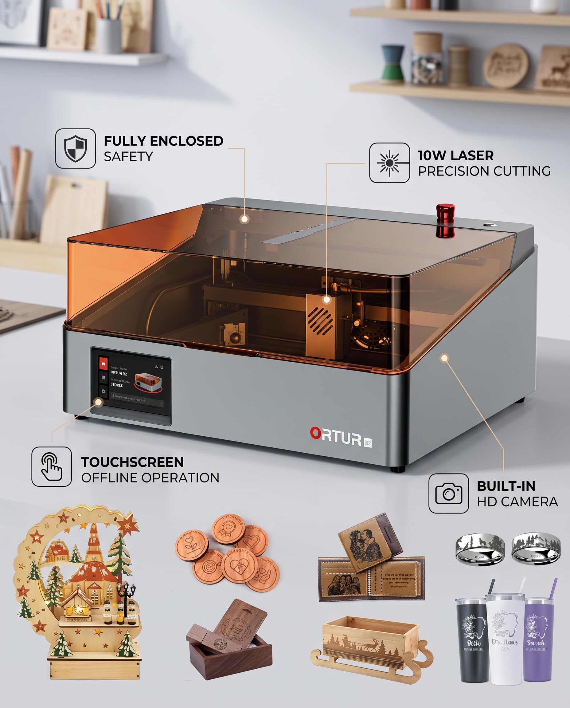 ORTUR R2 - Grabador láser de 10 W, máquina de grabado y corte láser cerrada, cámara inteligente, pantalla táctil, grabado fuera de línea a través de la aplicación, para madera, metal, acrílico, cuero