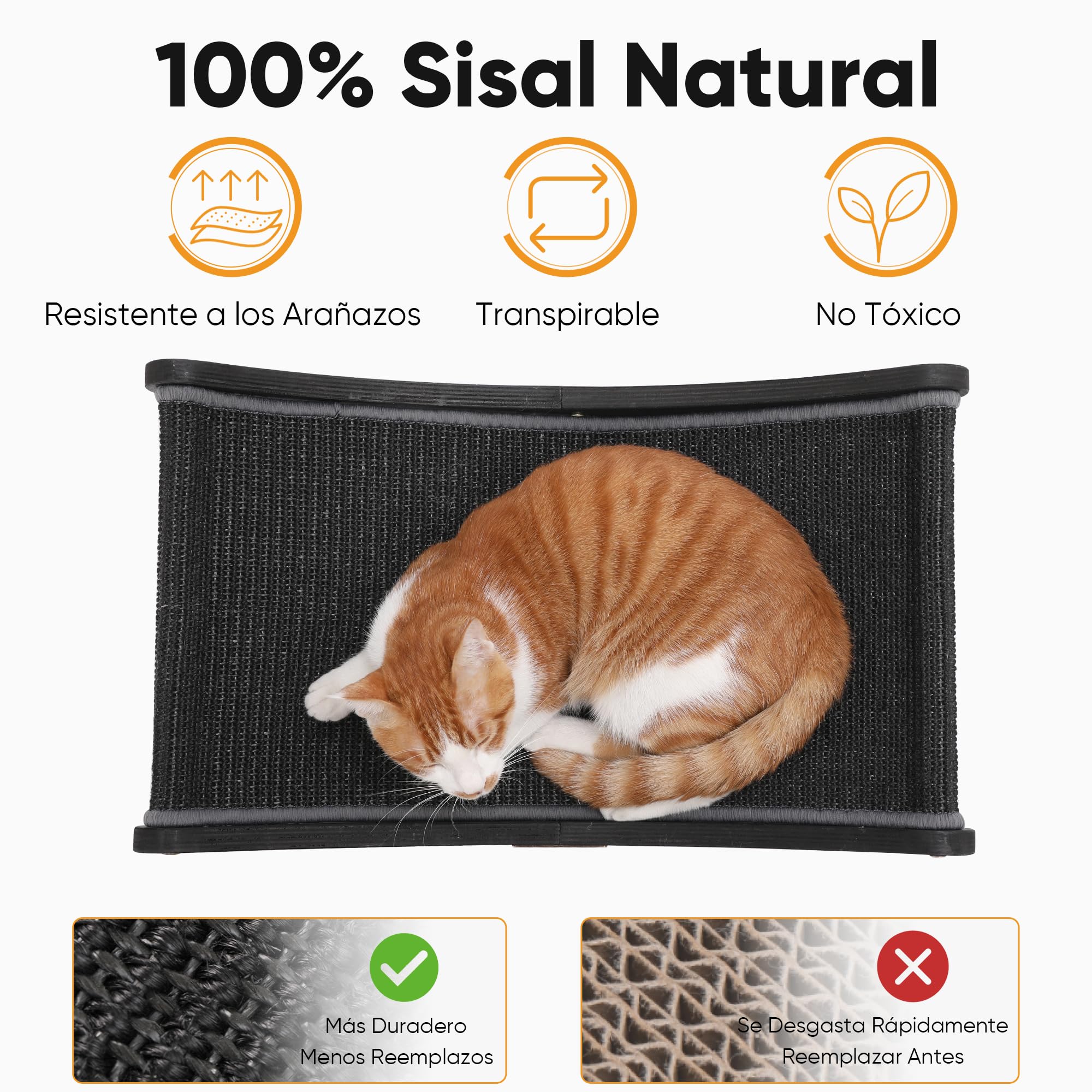 FUKUMARU Rascador de sisal en Madera, 60 cm Cama rascadora Robusta para Gatos domésticos, Hamaca de sisal 100% Natural, Base de Madera Maciza para Dormir y rascar uñas (Negro)