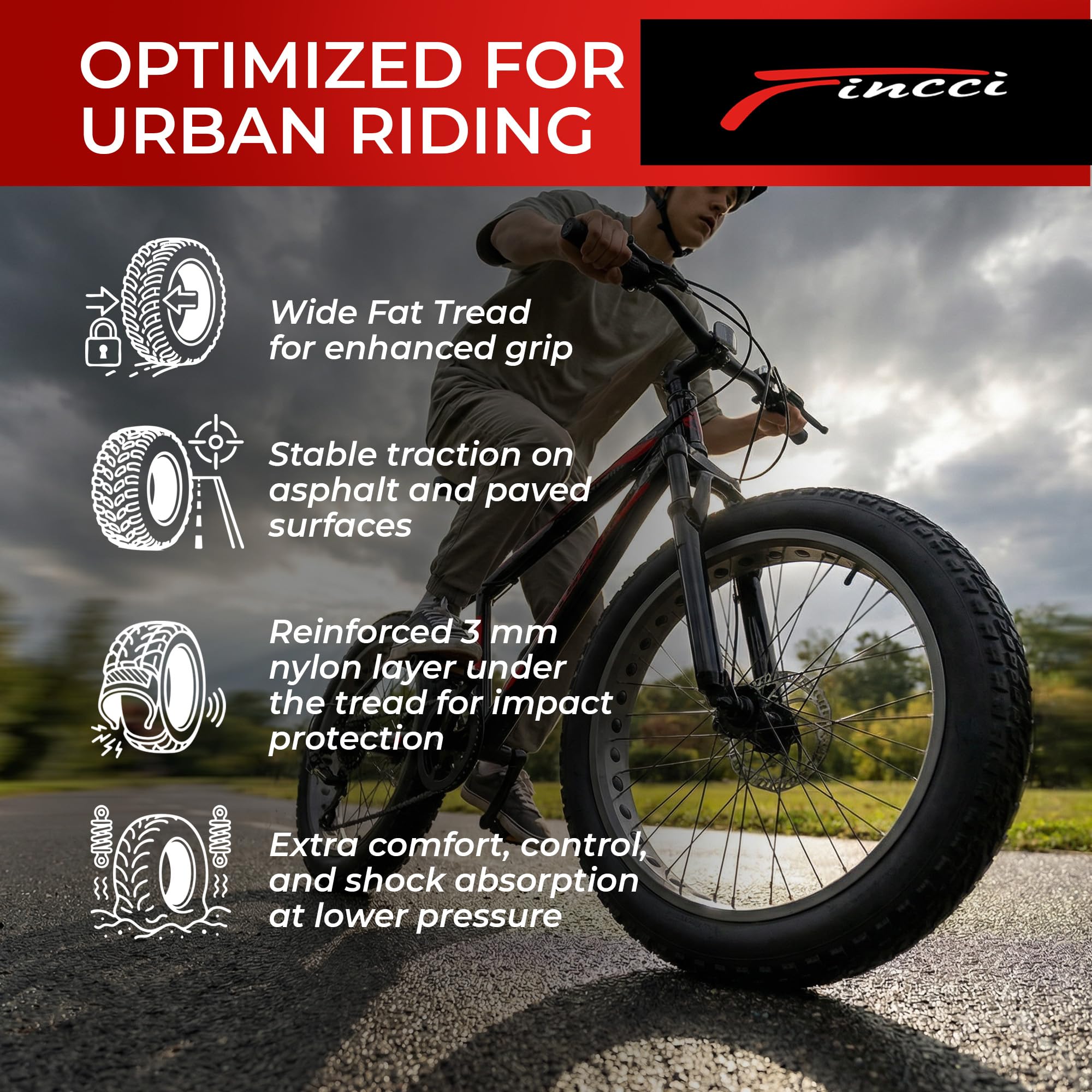 Fincci Pavex Coppia Copertone 20 x 4.0 Fat Bike Antiforatura - 2 Gomme Fat Bike 20x4 Pieghevoli Nylon 3mm 27 TPI 100-406 - per E-bike Elettrica, Pieghevole, Urban, City